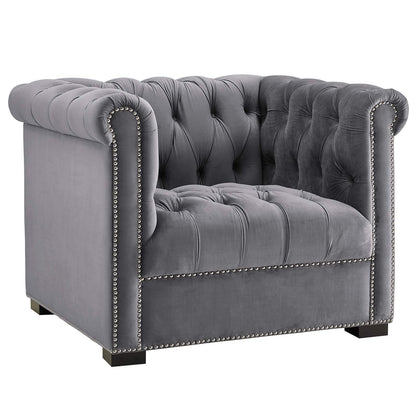 home office desk chairs | CasaFoyer Heritage Performance Velvet Armchair | Modern Classic Design | Rolled Armrests | Button Tufting | Nailhead Trim | Stain-Resistant Upholstery | Birch Wood Legs | Plush Foam Padding | Gray | casafoyer.myshopify.com
