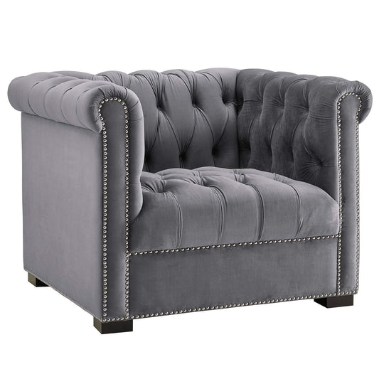home office desk chairs | CasaFoyer Heritage Performance Velvet Armchair | Modern Classic Design | Rolled Armrests | Button Tufting | Nailhead Trim | Stain-Resistant Upholstery | Birch Wood Legs | Plush Foam Padding | Gray | casafoyer.myshopify.com