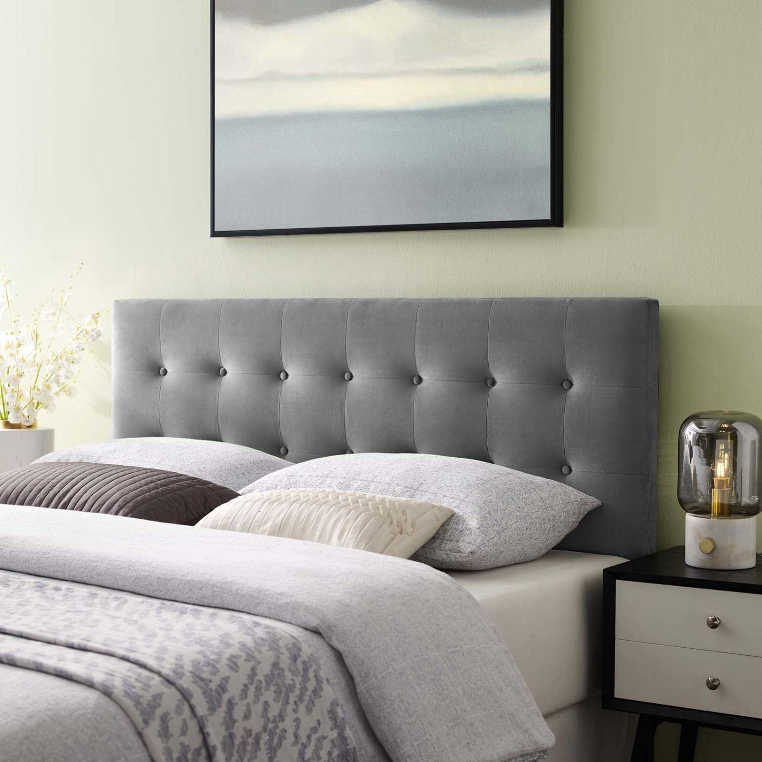 headboards | CasaFoyer Emily Queen Biscuit Tufted Performance Velvet Headboard | Timeless Charm | Luxurious Feel | Vintage Glamour | Stain-Resistant | Adjustable Height | Gray | casafoyer.myshopify.com