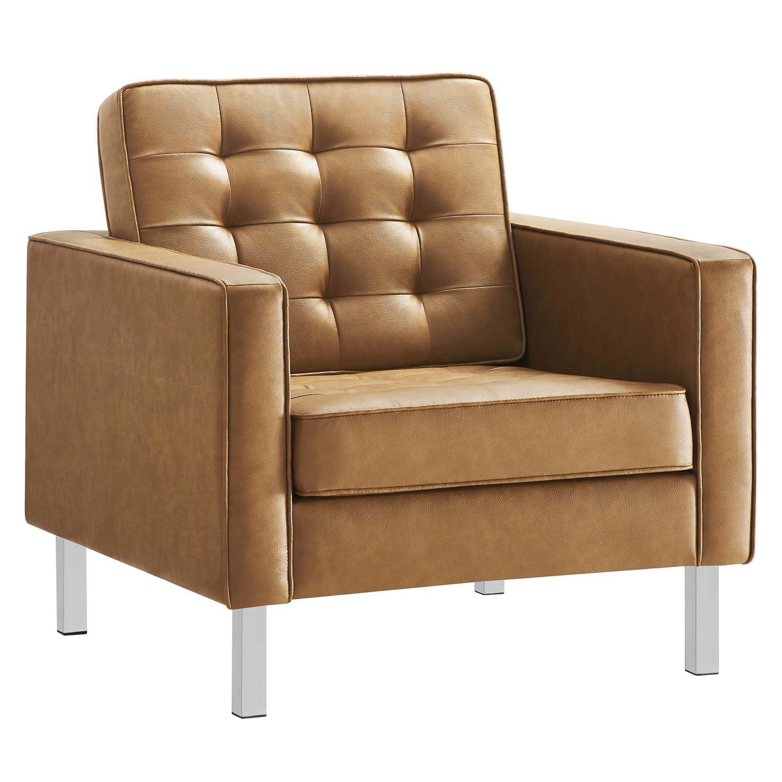 home office desk chairs | CasaFoyer Loft Button Tufted Faux Leather Accent Armchair | Silver Tan | Modern Design | Stainless Steel Frame | 300 lbs Weight Capacity | 30.5L x 32W x 31H | casafoyer.myshopify.com