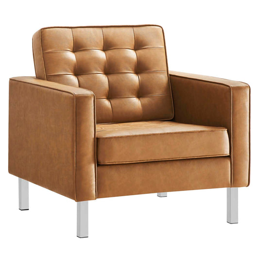 home office desk chairs | CasaFoyer Loft Button Tufted Faux Leather Accent Armchair | Silver Tan | Modern Design | Stainless Steel Frame | 300 lbs Weight Capacity | 30.5L x 32W x 31H | casafoyer.myshopify.com