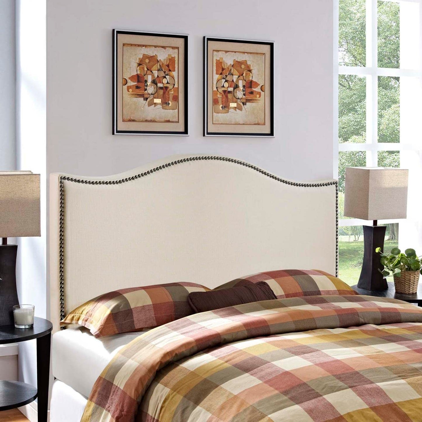 headboards | CasaFoyer Curl Queen Headboard | Chic & Sophisticated | Wavy Lines | Luxurious Linen Fabric | Nail Button Trim | Durable Particle Board & Solid Wood Poles | Perfect for Queen Beds | casafoyer.myshopify.com
