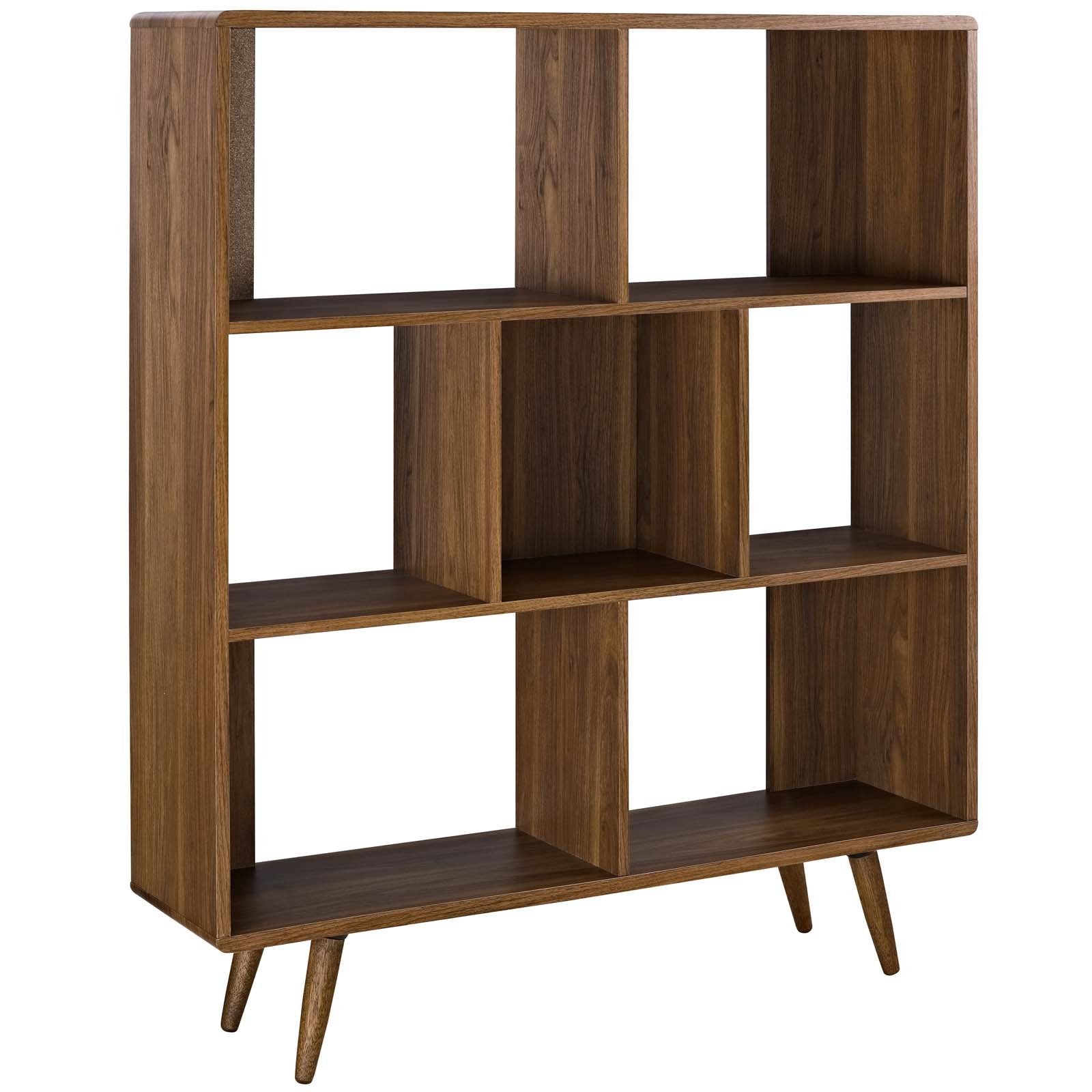 bookcases | Ergode Transmit Walnut Grain Laminate Bookcase | Stylish Mid-Century Design | 3-Tiered with Offset Shelf Dividers | Perfect for Living Room or Entryway | casafoyer.myshopify.com