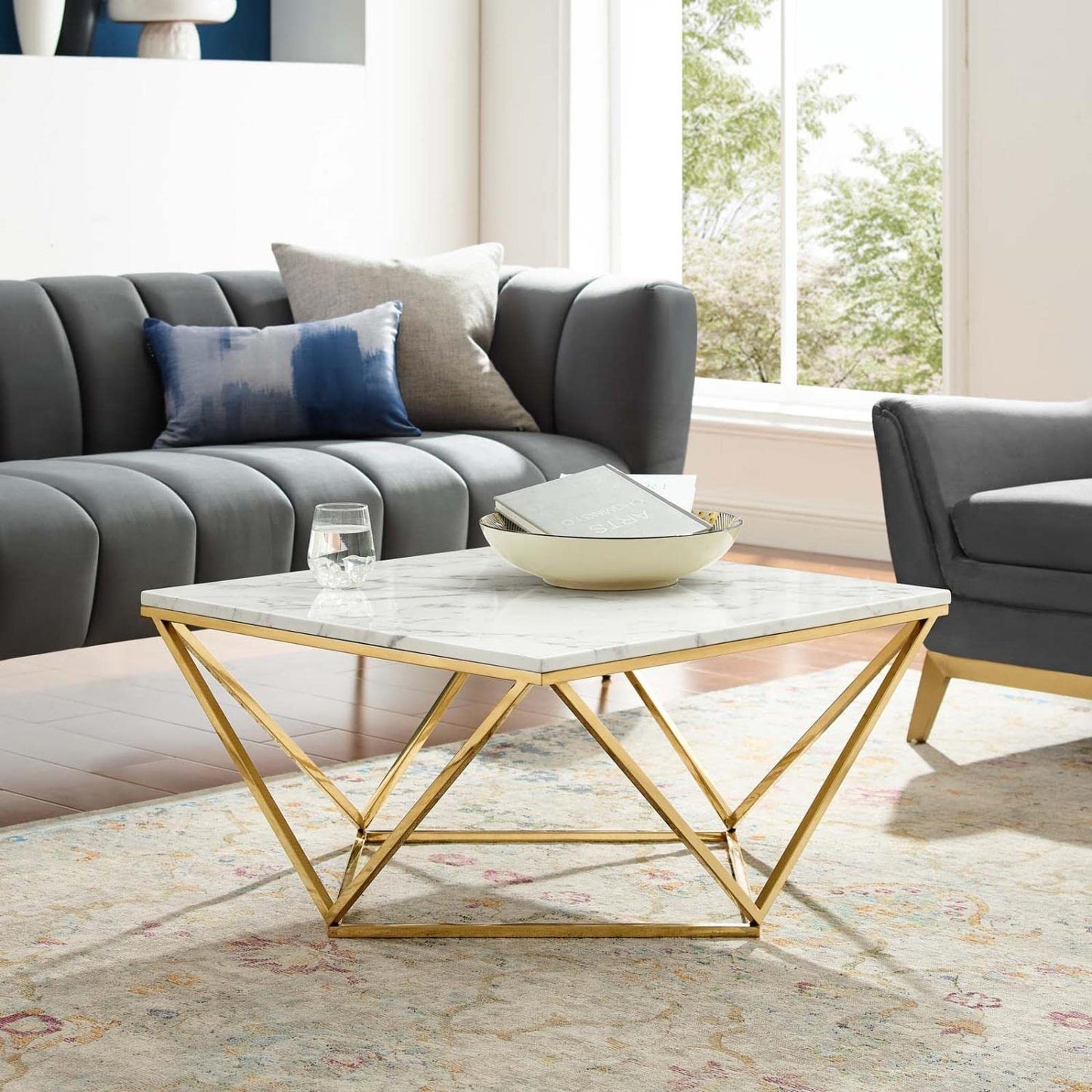 coffee tables | Ergode Vertex Gold Stainless Steel Coffee Table | Geometric Pattern | Artificial Marble Top | Non-Marking Foot Caps | Assembly Required | casafoyer.myshopify.com
