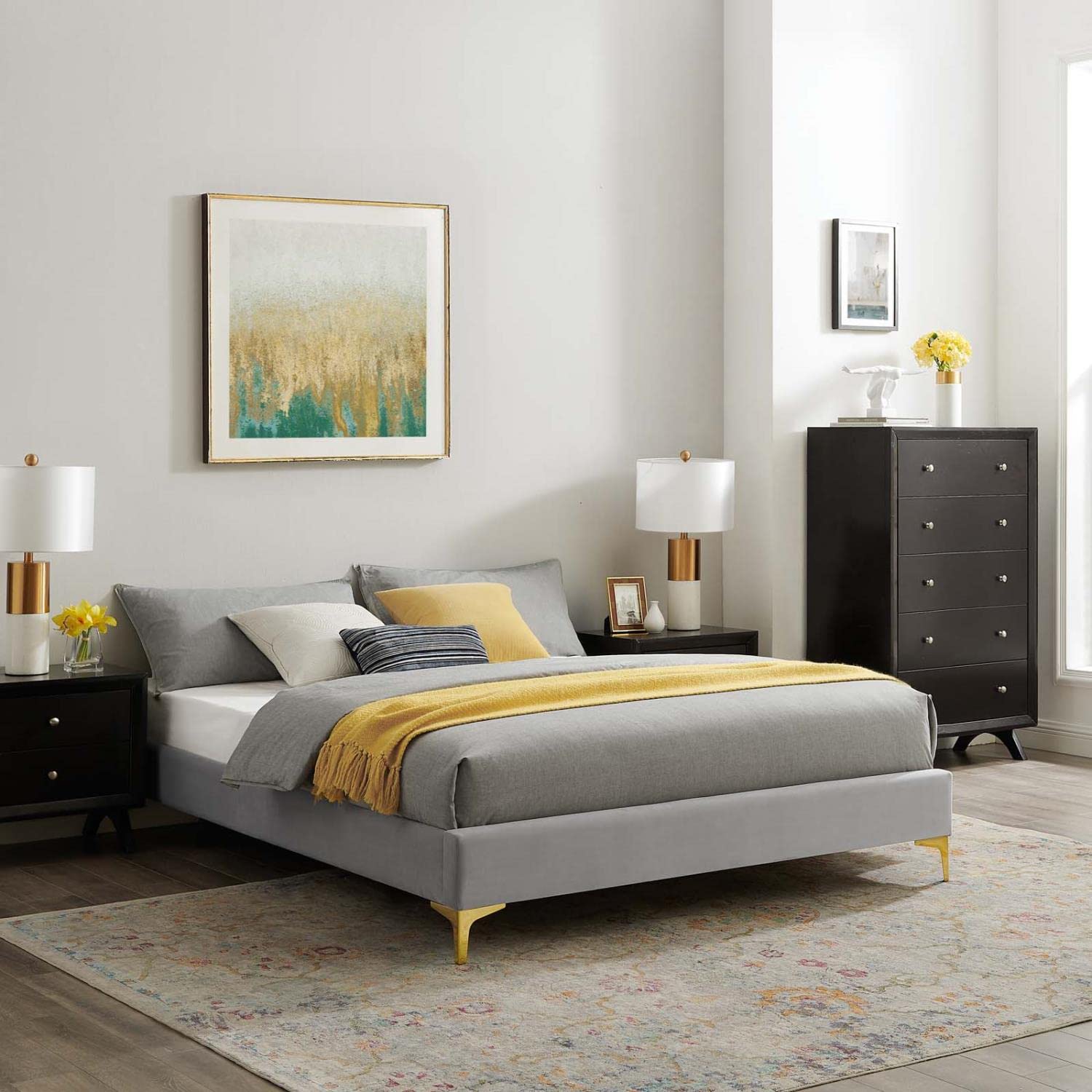 Bed | CasaFoyer Sutton Performance Velvet King Bed Frame | Stain-Resistant | Gold Metal Legs | No Box Spring Needed | 800 lbs Weight Capacity | casafoyer.myshopify.com