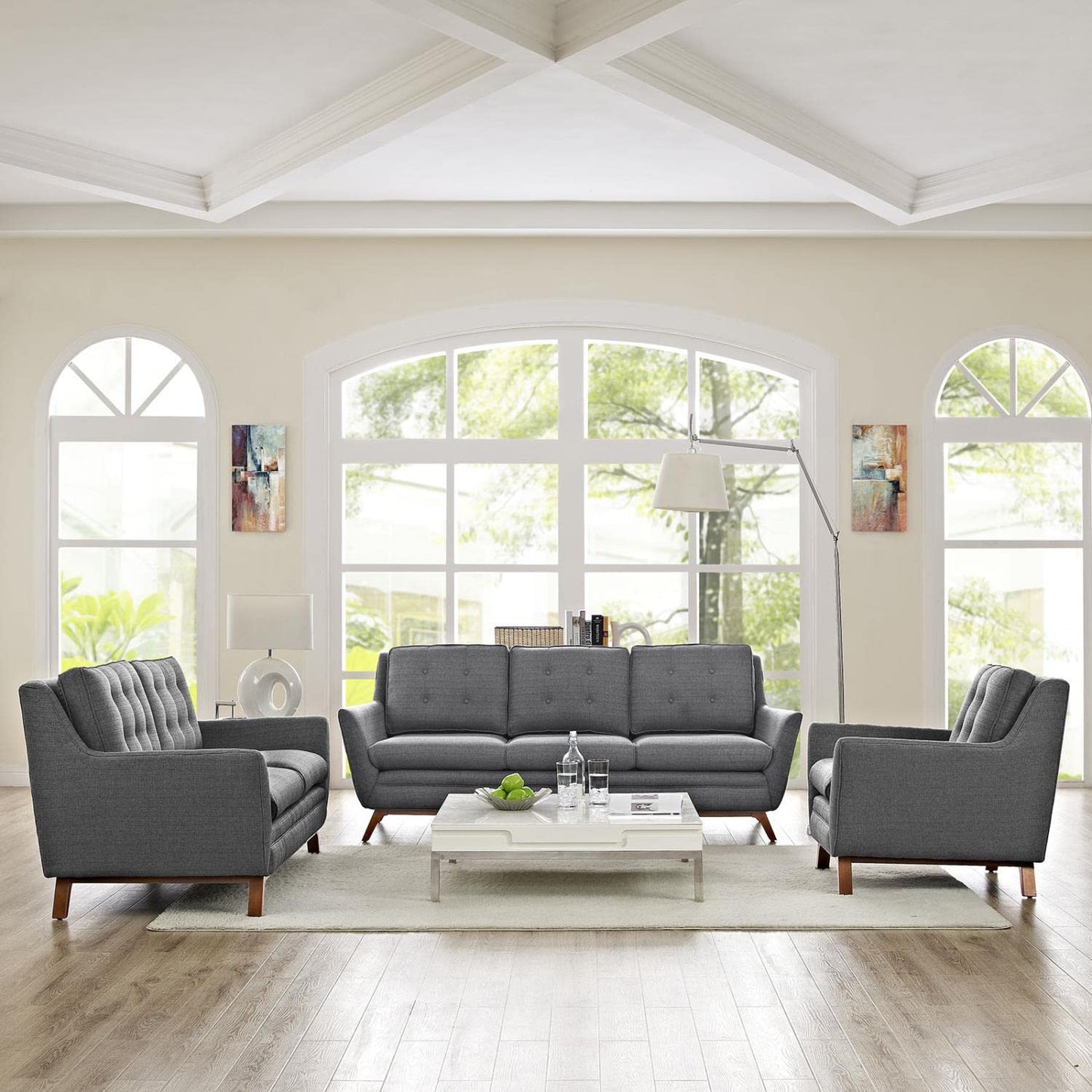 kitchen and dining room sets | CasaFoyer Beguile Collection | Mid-Century Elegance | Fabric Upholstery | Walnut Base | Armchair, Loveseat, Sofa | Gray | casafoyer.myshopify.com