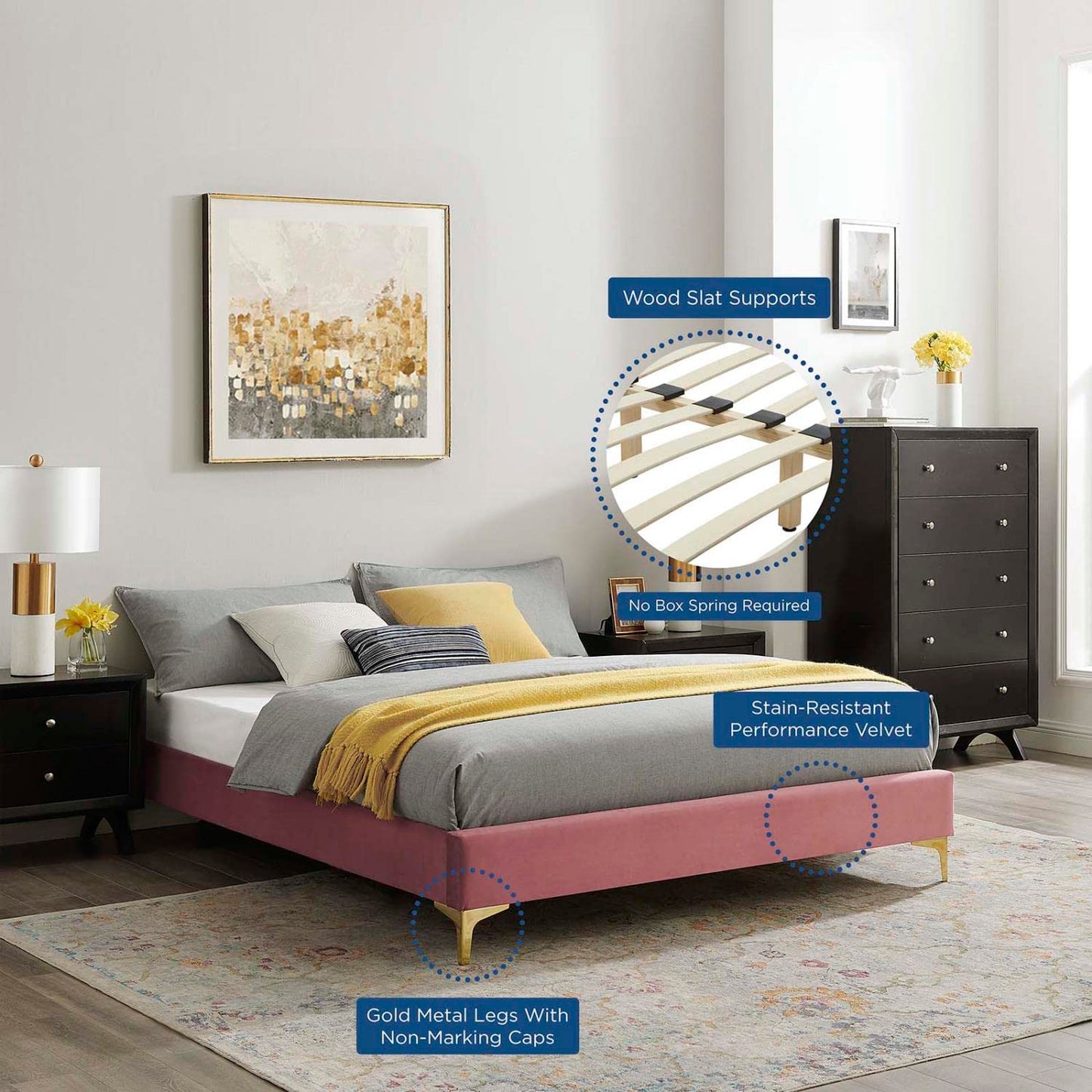 bed frames | CasaFoyer Sutton Performance Velvet Queen Bed Frame | Stain-Resistant | Durable | No Box Spring Needed | Gold Metal Legs | 800 lbs Weight Capacity | casafoyer.myshopify.com