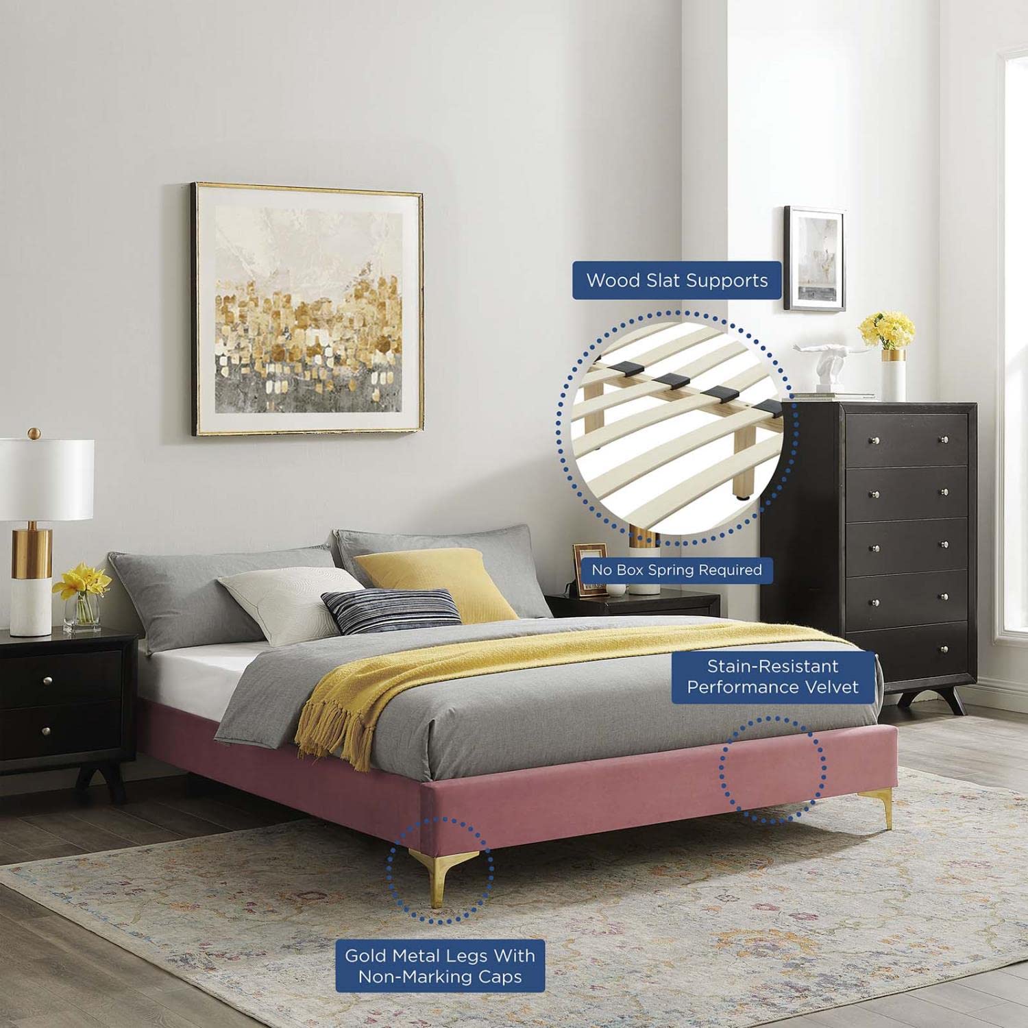bed frames | CasaFoyer Sutton Performance Velvet Queen Bed Frame | Stain-Resistant | Durable | No Box Spring Needed | Gold Metal Legs | 800 lbs Weight Capacity | casafoyer.myshopify.com