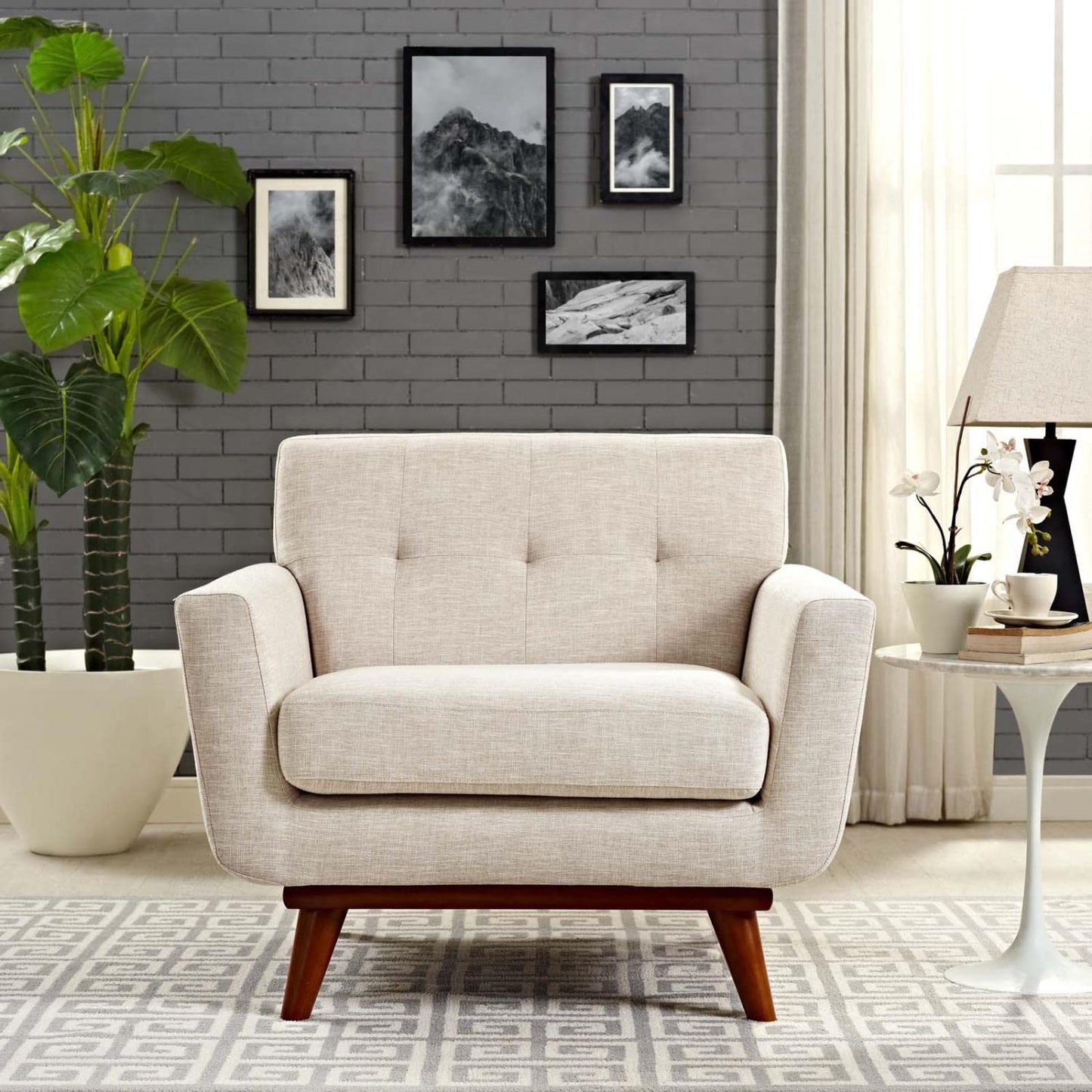Chair | Engage Plush Armchair | Tufted Buttons | Beige Upholstery | Cherry Wood Legs | Comfortable & Stylish | casafoyer.myshopify.com