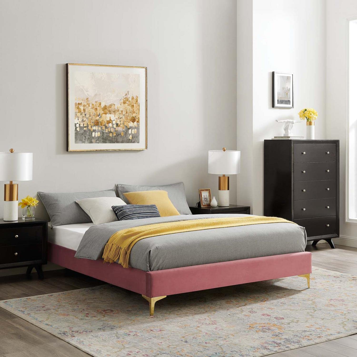 Bed | CasaFoyer Sutton Performance Velvet Full Bed Frame | Stain-Resistant | Durable | Wood Slat Support | Gold Metal Legs | Compatible with Headboard Styles | 800 lbs Weight Capacity | casafoyer.myshopify.com