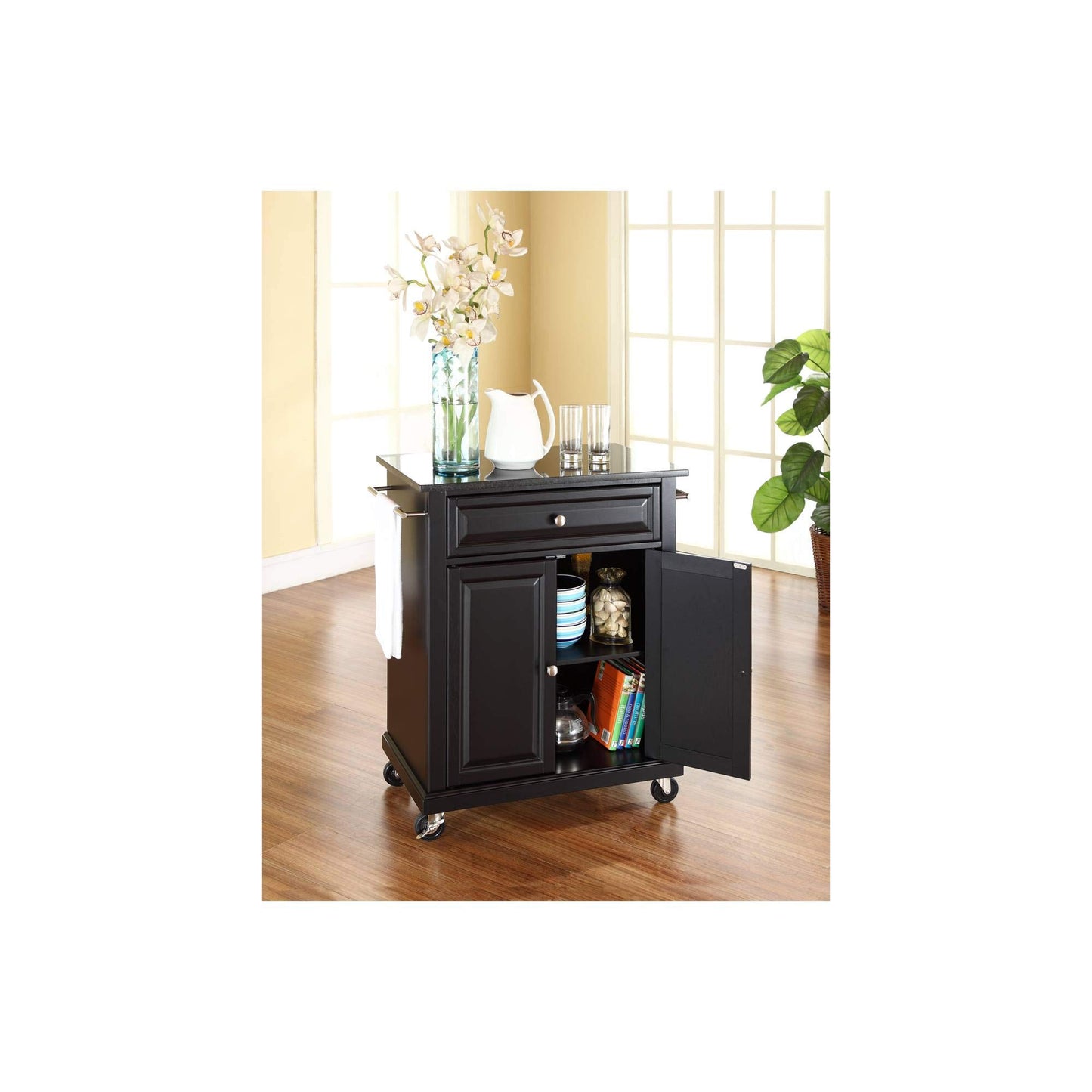 Kitchen Cart | Solid Hardwood Portable Kitchen Cart | Elegant Raised Panel Doors | Ample Storage Space | Easy Mobility | Black Finish | casafoyer.myshopify.com