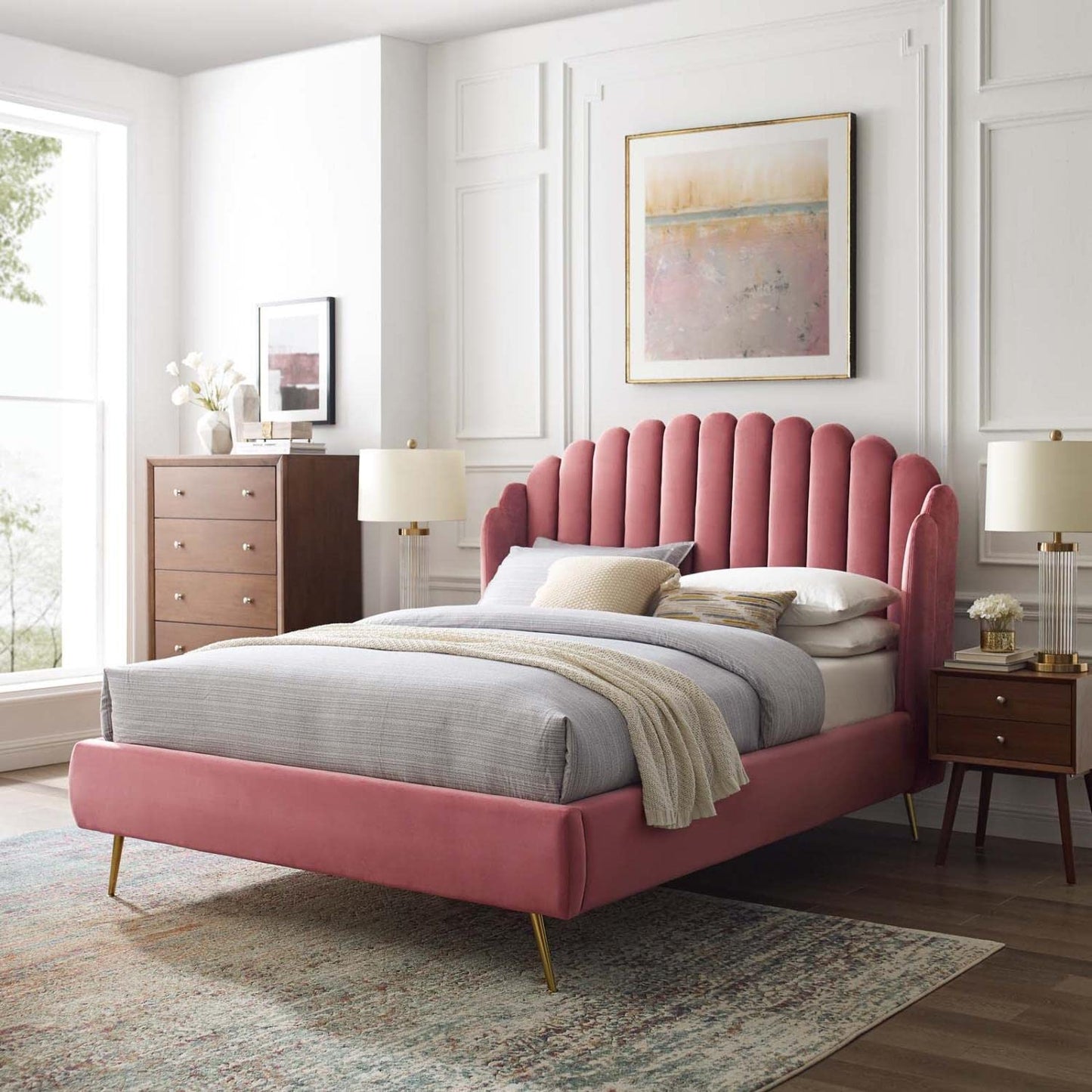 Bed | CasaFoyer Lana Performance Velvet Queen Platform Bed | Wingback Tufted Design | Stain-Resistant Velvet Upholstery | Gold Metal Legs | Wood Slat Support System | casafoyer.myshopify.com