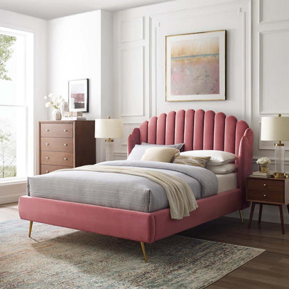 Bed | CasaFoyer Lana Performance Velvet Queen Platform Bed | Wingback Tufted Design | Stain-Resistant Velvet Upholstery | Gold Metal Legs | Wood Slat Support System | casafoyer.myshopify.com