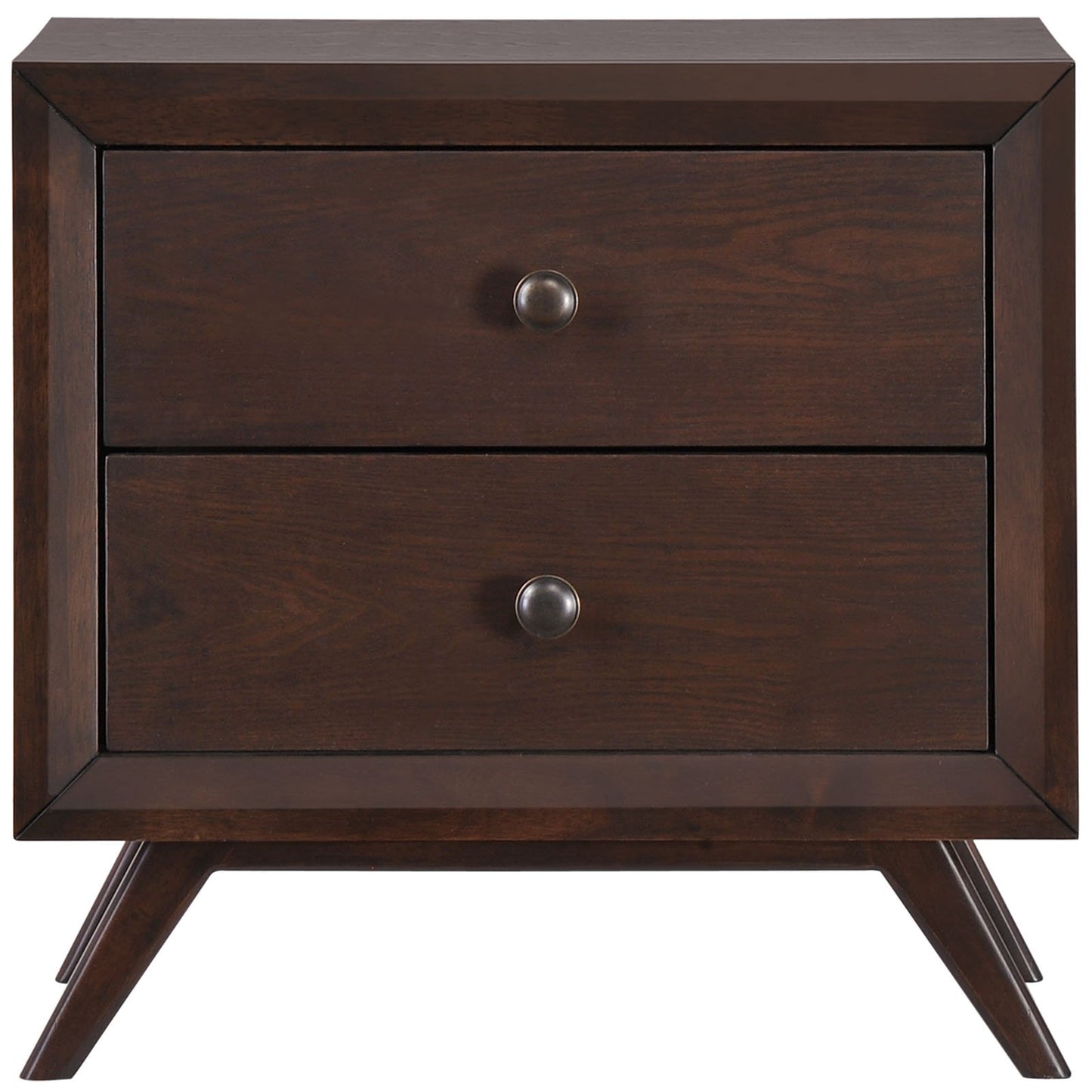 TABLE | CasaFoyer Tracy Vintage Mid-Century Nightstand | Toffee Brown Stained Finish | 2 Drawers | Antique Metal Handles | Sturdy Platform Legs | Easy Assembly & Cleaning | casafoyer.myshopify.com
