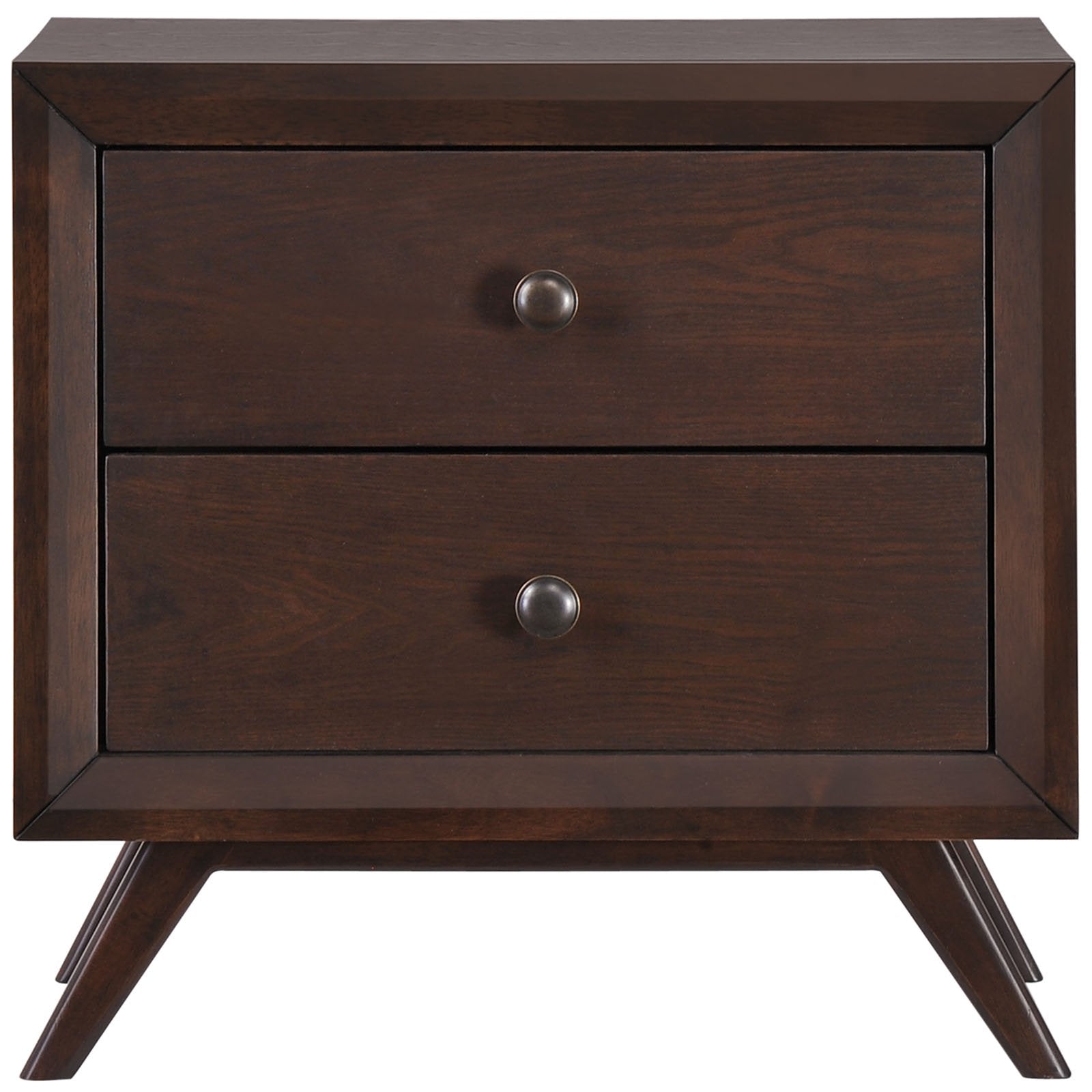 TABLE | CasaFoyer Tracy Vintage Mid-Century Nightstand | Toffee Brown Stained Finish | 2 Drawers | Antique Metal Handles | Sturdy Platform Legs | Easy Assembly & Cleaning | casafoyer.myshopify.com