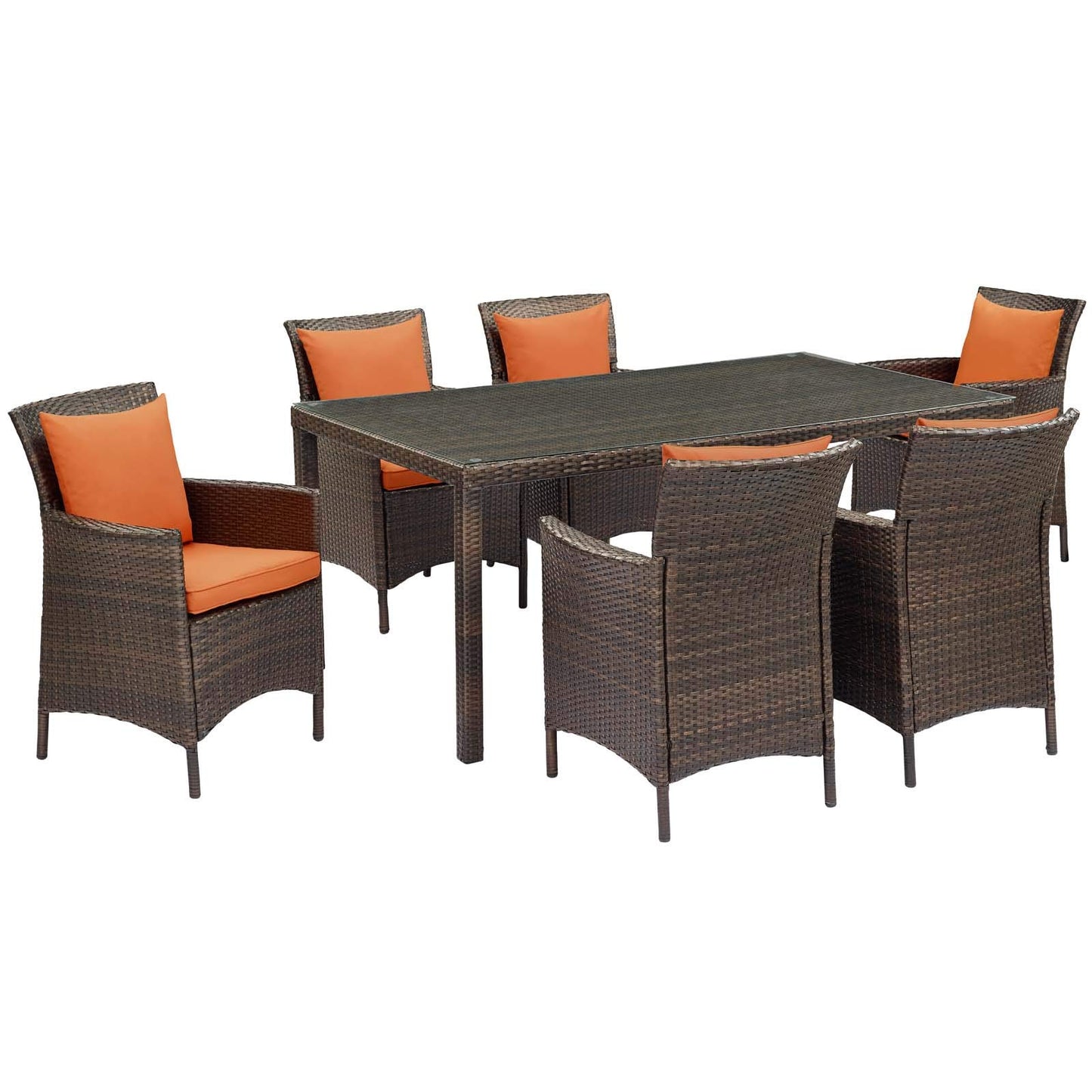kitchen and dining room sets | CasaFoyer Conduit 7 Piece Outdoor Patio Dining Set | Transitional Style | UV-Resistant Wicker Rattan | Tempered Glass Tabletop | Brown Orange | casafoyer.myshopify.com