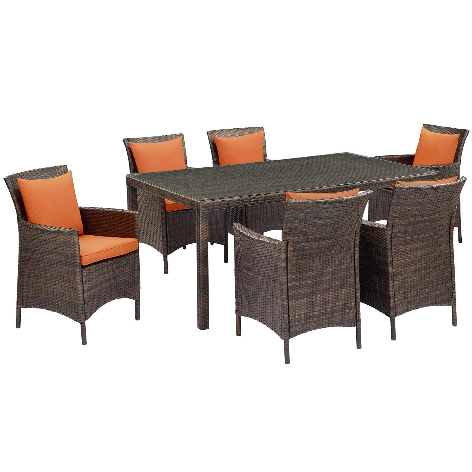 kitchen and dining room sets | CasaFoyer Conduit 7 Piece Outdoor Patio Dining Set | Transitional Style | UV-Resistant Wicker Rattan | Tempered Glass Tabletop | Brown Orange | casafoyer.myshopify.com