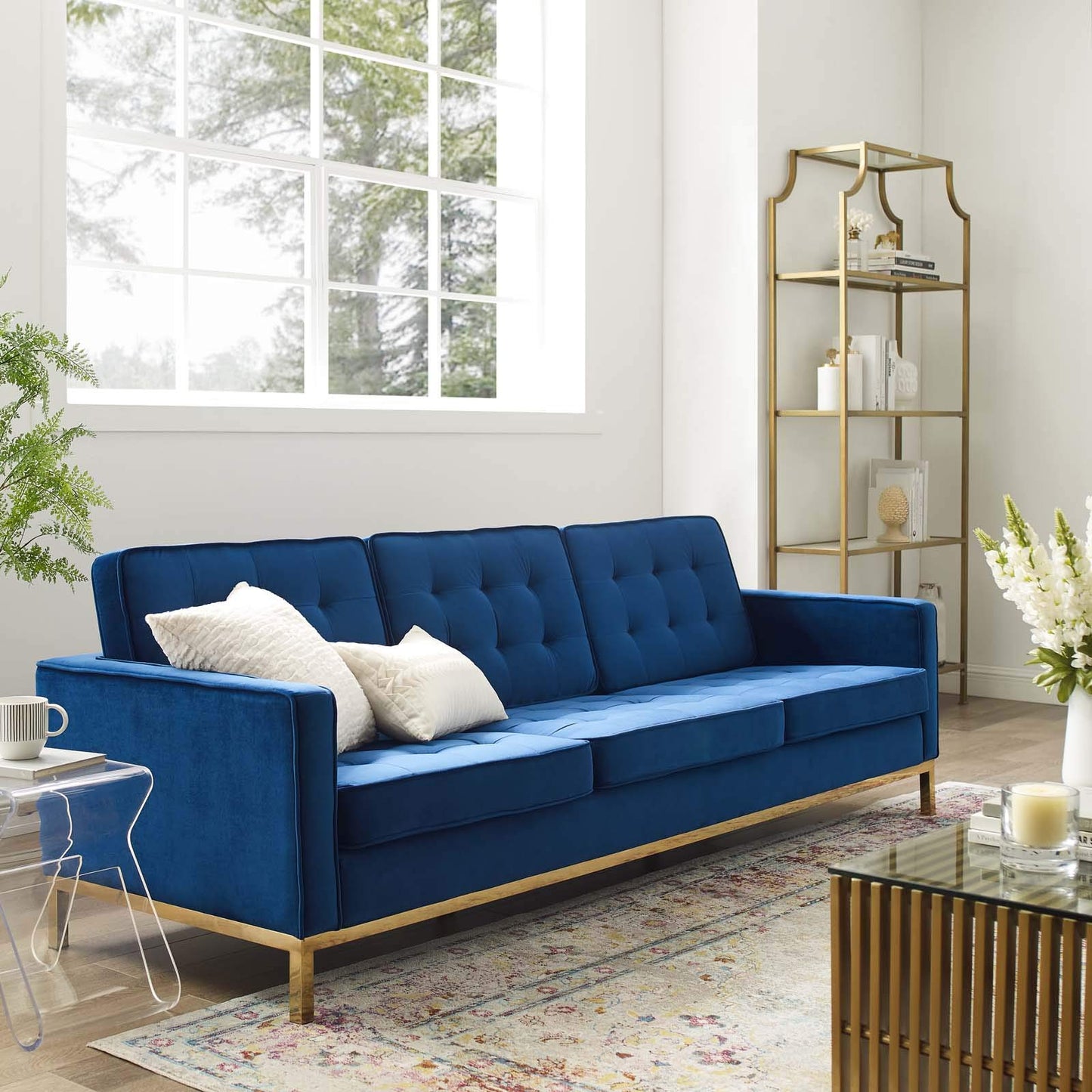 sofas | CasaFoyer Loft Button Tufted Performance Velvet Sofa | Gold Navy | Stainless Steel Legs | 900 lbs Weight Capacity | casafoyer.myshopify.com
