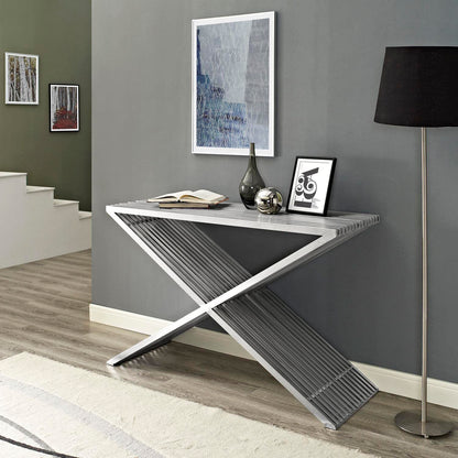 sofa tables | Ergode Press Console Table | Brushed Aluminum Segments | Minimalist Design | Versatile | Contemporary Living | Entrance | Lounge Area | Standout Piece | Fully Charged | Compatible with Any Decor | Set of 1 | casafoyer.myshopify.com