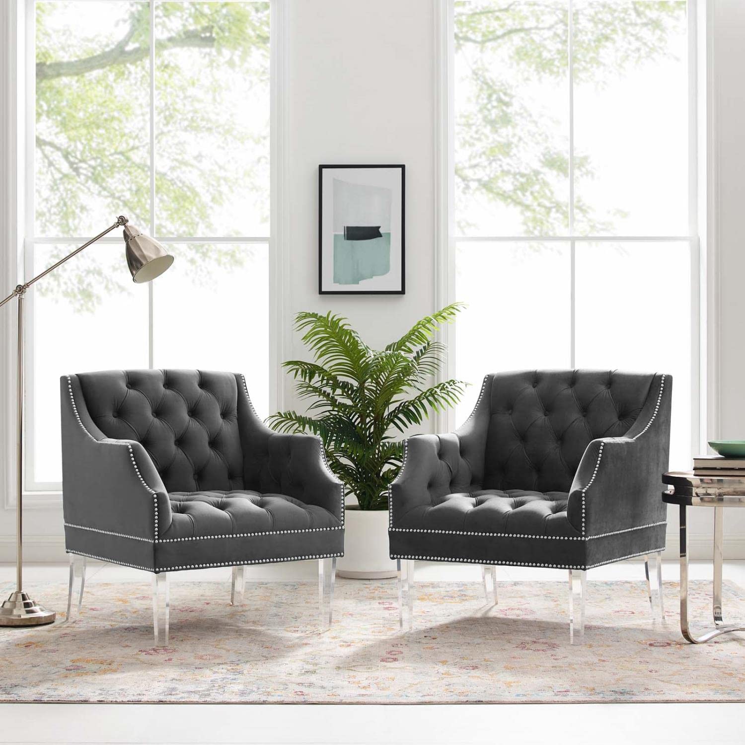 home office desk chairs | CasaFoyer Proverbial Accent Armchair Set of 2 | Luxurious Performance Velvet Upholstery | Nailhead Trim | Acrylic Legs | Gray | casafoyer.myshopify.com