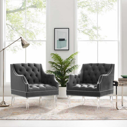 home office desk chairs | CasaFoyer Proverbial Accent Armchair Set of 2 | Luxurious Performance Velvet Upholstery | Nailhead Trim | Acrylic Legs | Gray | casafoyer.myshopify.com