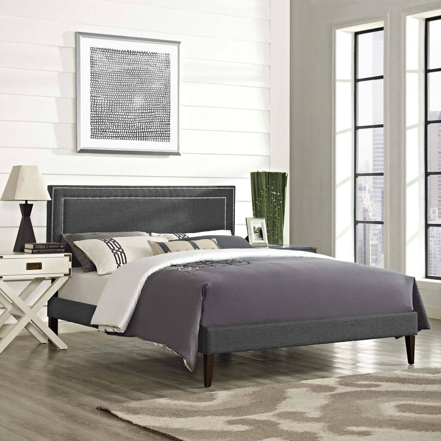 Bed | CasaFoyer Virginia Platform Bed | Solid Wood Frame | Polyester Upholstery | Tapered Legs | Queen Size | Gray | Ideal for Mid-Century Modern & Contemporary Bedrooms | casafoyer.myshopify.com