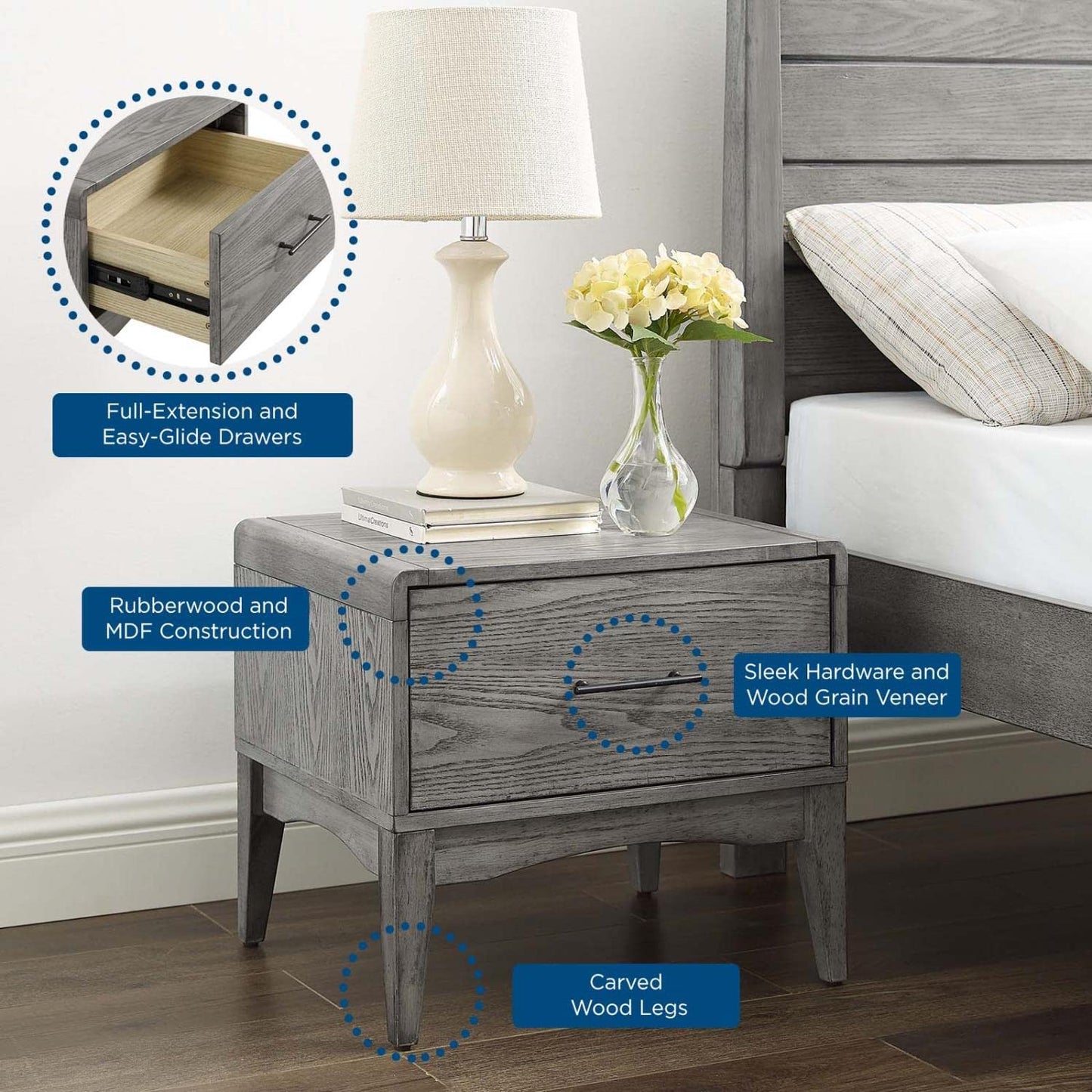 TABLE | CasaFoyer Georgia Wood Nightstand | Rustic Charm meets Modern Farmhouse Style | Solid Rubberwood with Wood Grain Veneer | Ample Storage & Streamlined Design | Assembly Required | Perfect for Bedroom Decor | casafoyer.myshopify.com