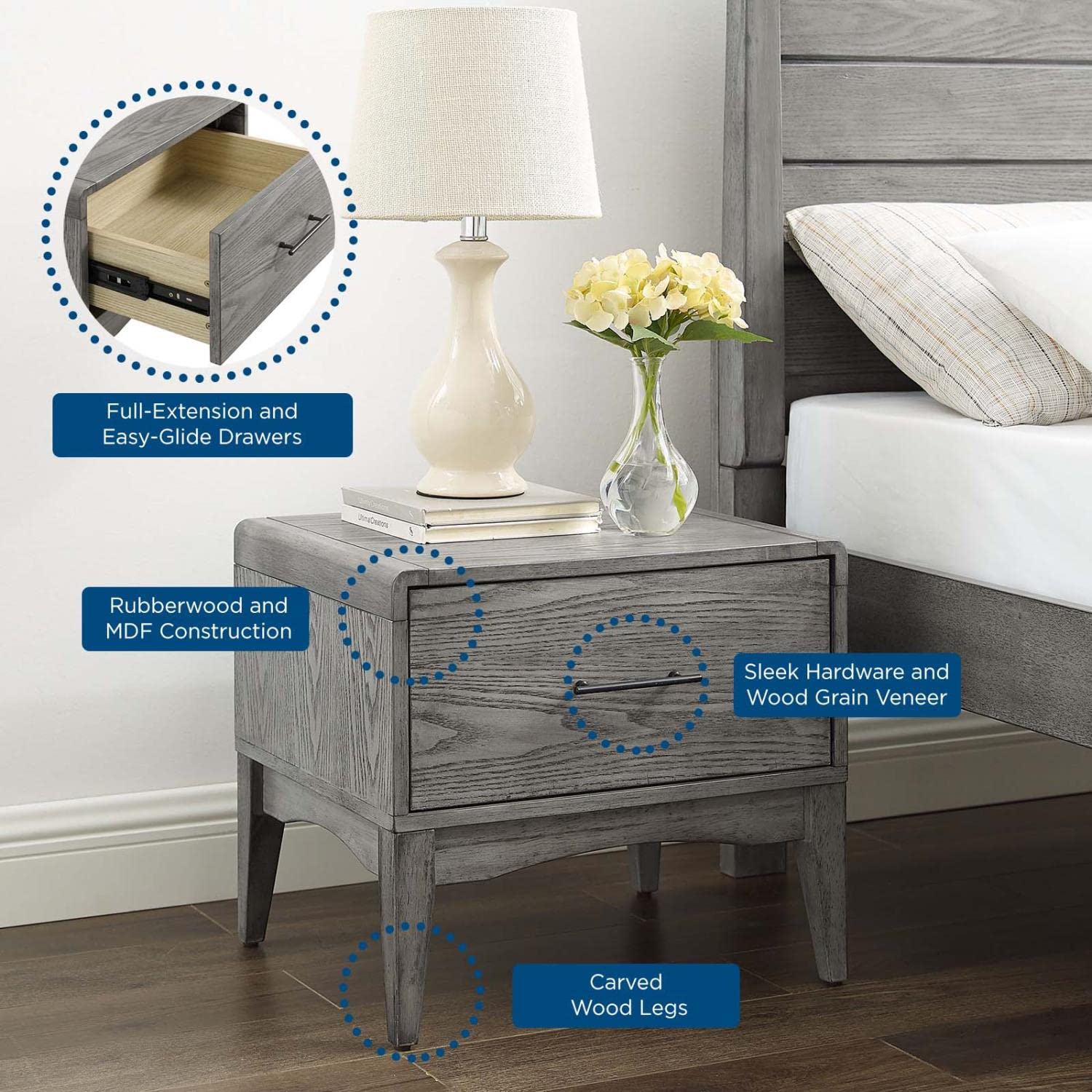 TABLE | CasaFoyer Georgia Wood Nightstand | Rustic Charm meets Modern Farmhouse Style | Solid Rubberwood with Wood Grain Veneer | Ample Storage & Streamlined Design | Assembly Required | Perfect for Bedroom Decor | casafoyer.myshopify.com