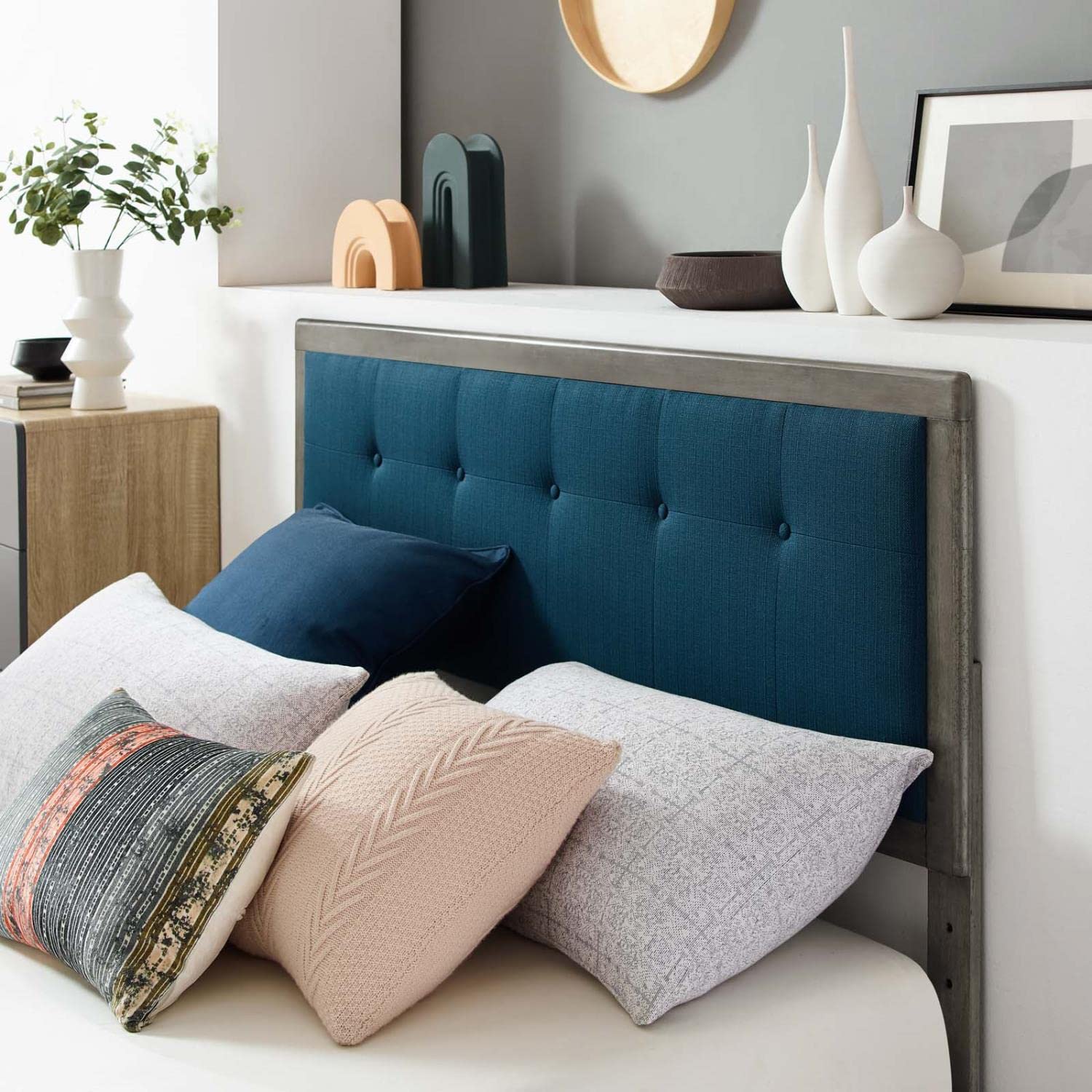 bed frames | CasaFoyer Willow Tufted Wood Queen Platform Bed | Mid-Century Design | Upholstered Headboard | Button Tufted | Sturdy Materials | Wood Slat Support | No Box Spring | 601 lbs Capacity | Gray Azure | casafoyer.myshopify.com