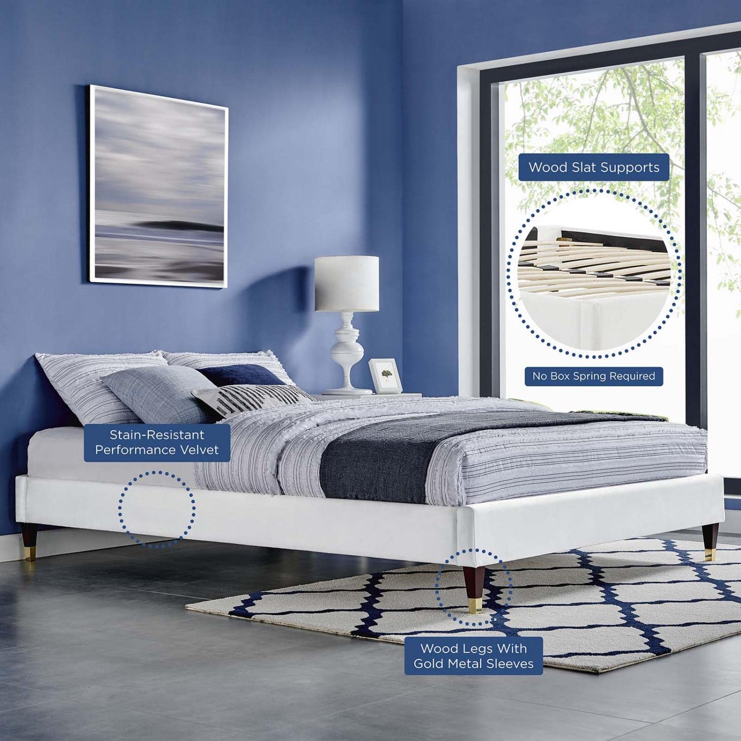 Bed | CasaFoyer Harlow Performance Velvet Twin Bed Frame | Elegant & Opulent | Sturdy Wood Legs | Gold Metal Sleeves | Stain-Resistant Velvet | Compatible with Various Mattress Types | Assembly Required | 800 lbs Weight Capacity | (White) | casafoyer.myshopify.com