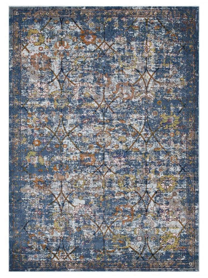 Carpet & Rugs | CasaFoyer Minu Distressed Floral Lattice Area Rug | Durable Polypropylene | Elegant Design | Rubber Bottom | Low Pile Weave | Non-Shedding | Stain Resistant | 5x8 Size | Blue Gray, Yellow, Orange | casafoyer.myshopify.com