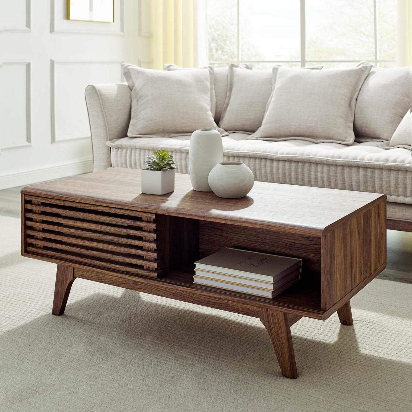coffee tables | Ergode Render Coffee Table | Mid-Century Charm | Walnut Laminate | Sliding Door | Splayed Frame | Versatile & Stylish | Ideal for Display & Relaxation | casafoyer.myshopify.com