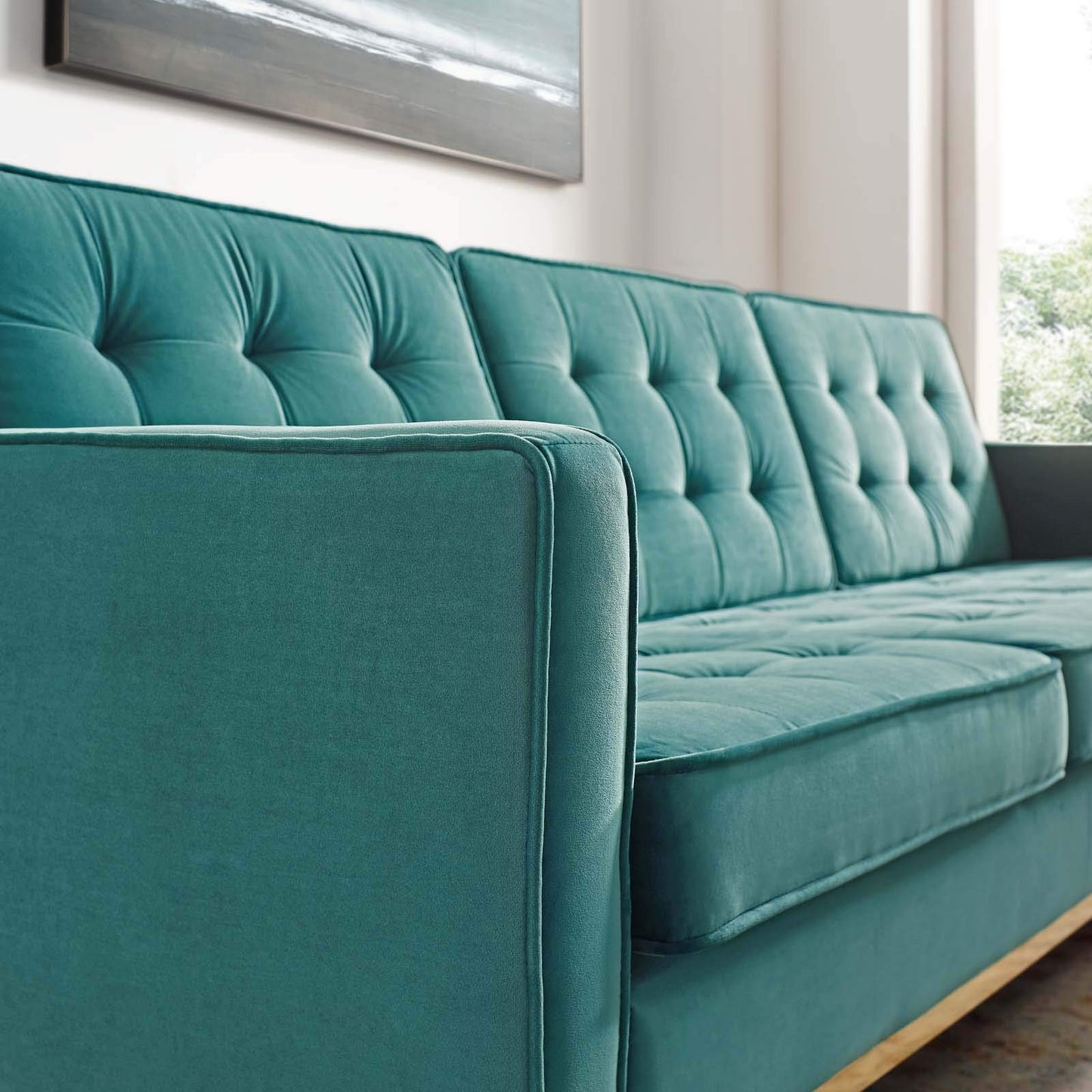 sofas | CasaFoyer Loft Button Tufted Performance Velvet Sofa | Gold Teal | Stainless Steel Legs | casafoyer.myshopify.com
