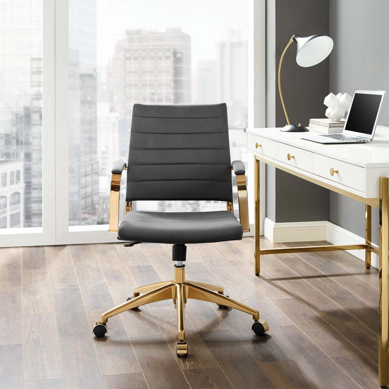 home office desk chairs | CasaFoyer Jive Mid Back Office Chair | Stylish & Functional | Ribbed Velvet Back | Stain-Resistant Performance Velvet | 90-Degree Wrist Angling | Chrome-Plated Aluminum Base | Easy Mobility | Tension Knob & Tilt Lock | Modern Office Design | Gray | casafoyer.myshopify.com