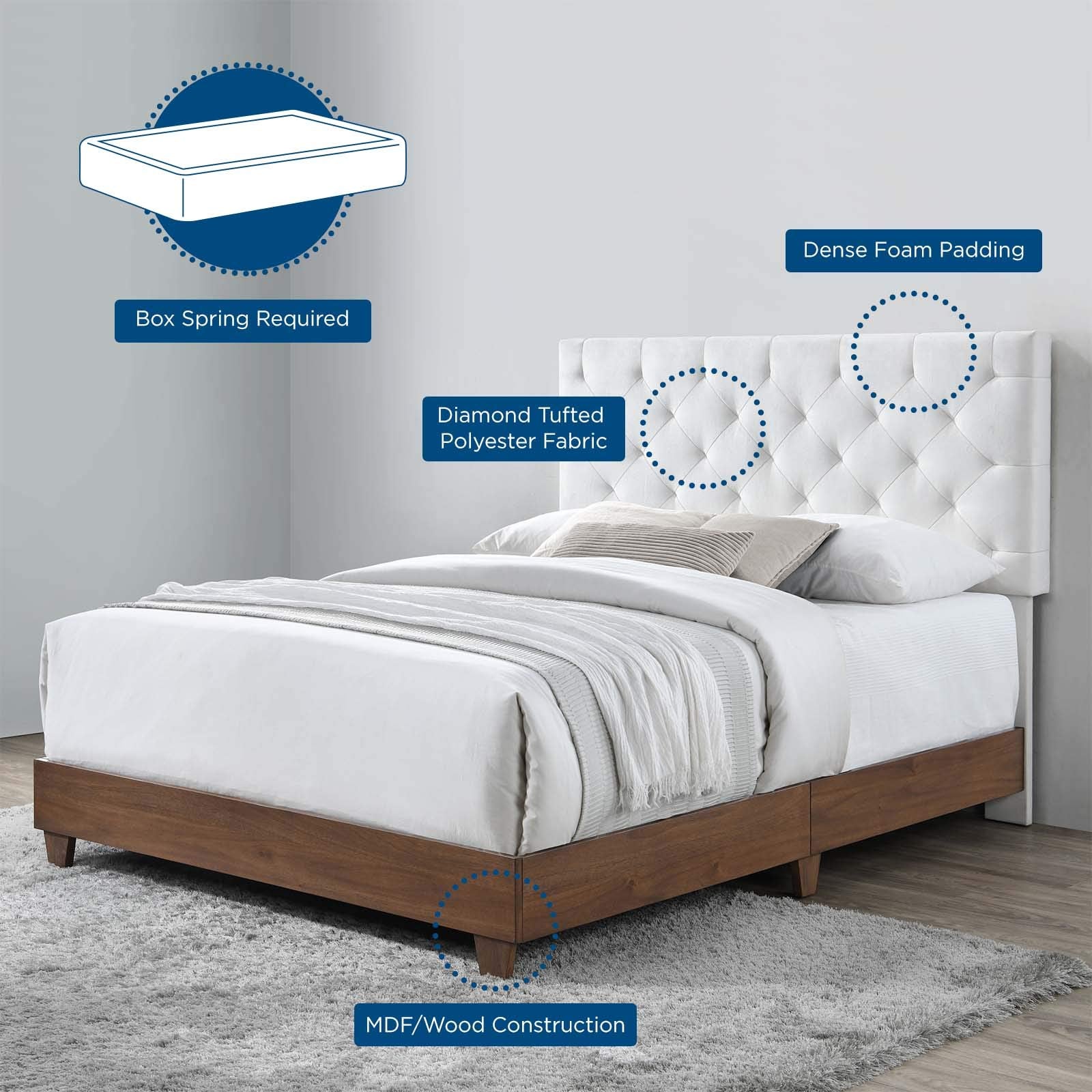 adjustable bed bases | CasaFoyer Rhiannon Diamond Tufted Performance Velvet Upholstered Queen Bed | Walnut White | MDF & Wood Frame | Tapered Legs | Stain-Resistant Velvet Upholstery | Cushioned Tufted Headboard | 800 lbs Weight Capacity | casafoyer.myshopify.com