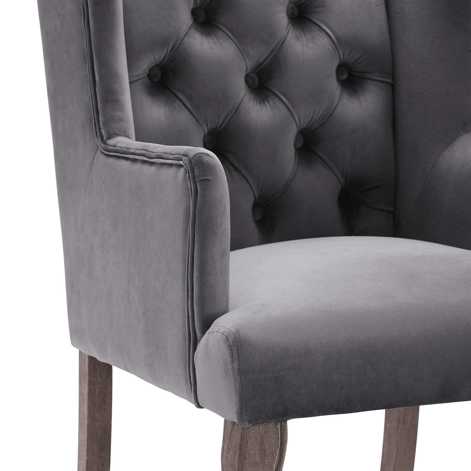 home office desk chairs | CasaFoyer Realm French Vintage Performance Velvet Dining Armchair | Elegant Design | Comfortable & Stain-Resistant Upholstery | Weathered Wood Legs | Wingback Silhouette | Gray | casafoyer.myshopify.com