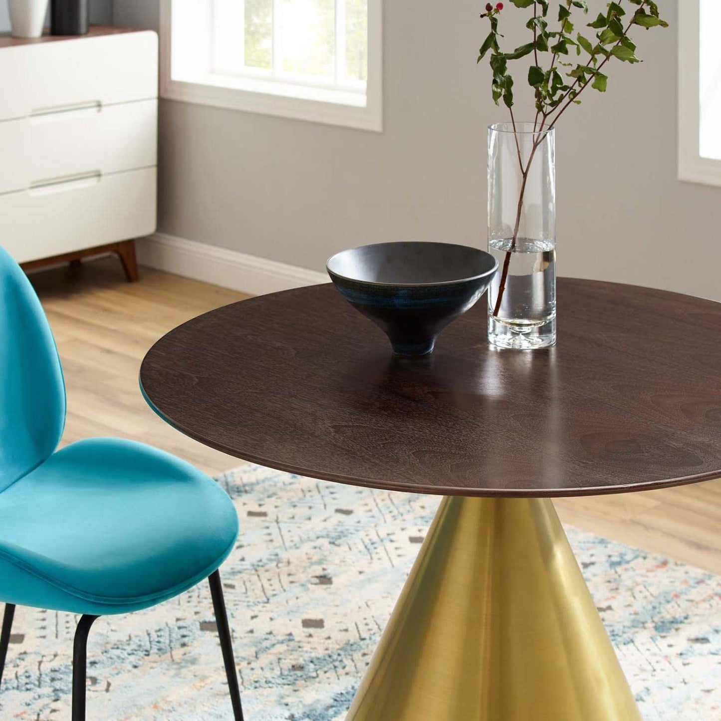 patio dining tables | CasaFoyer Tupelo 40 Dining Table | Modern Style with Mid-Century Charm | Sturdy Conical Pedestal Base | Polished Gold Metal Finish | Easy to Clean | Non-Marking Ring | Assembly Required | casafoyer.myshopify.com