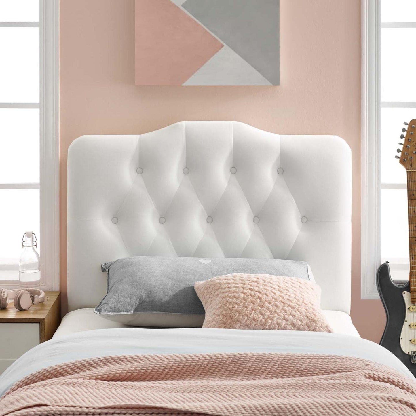 headboards | CasaFoyer Annabel Diamond Tufted Performance Velvet Twin Headboard | Vintage Glamour | Plush & Inviting | Adjustable Height | White | casafoyer.myshopify.com