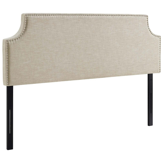 Bed | CasaFoyer  Laura Fabric Upholstered Queen Headboard | Sleek Design | Silver Nail Trim | Sturdy Wood Frame | Adjustable Legs | Luxurious Linen Fabric | Elegant Beige Color | casafoyer.myshopify.com