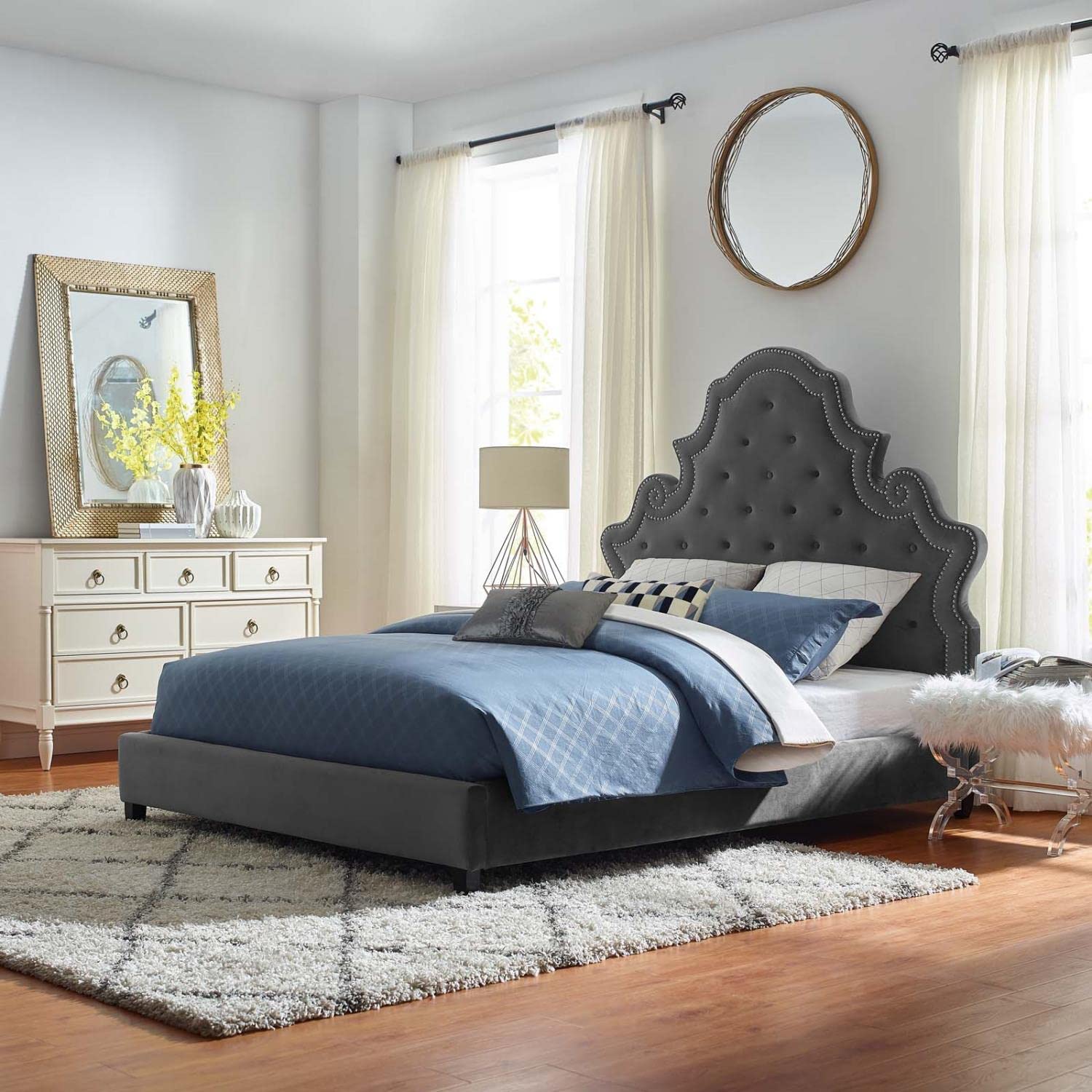 adjustable bed bases | CasaFoyer Valentina Performance Velvet Tufted Nailhead Queen Platform Bed | Elegant Gray Upholstery | Stain-Resistant Fabric | Foam Padding | Sturdy Support System | No Box Spring Required | 1322 lbs Weight Capacity | casafoyer.myshopify.com