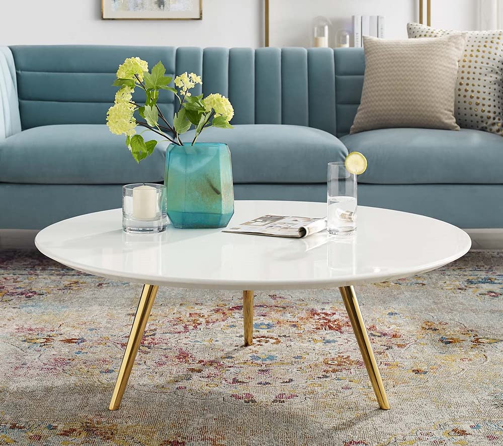 coffee tables | Ergode Lippa 40 Round Coffee Table | Timeless Design | White Lacquered Top | Gold Tripod Base | Perfect for Living Room, Lounge, or Home Office | casafoyer.myshopify.com