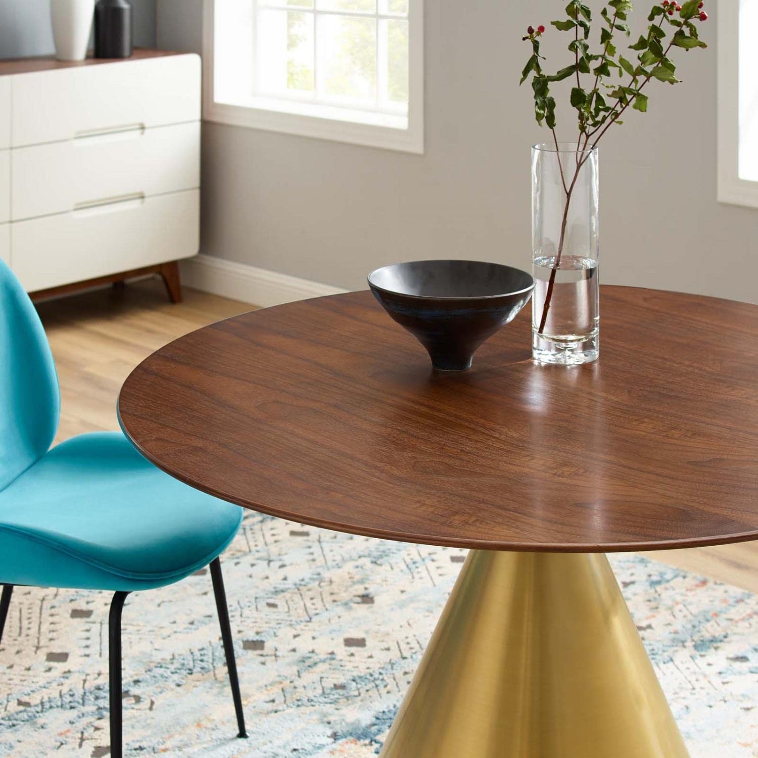 patio dining tables | CasaFoyer Tupelo 47 Dining Table | Modern Style | Mid-Century Design | Gold Metal Base | Wood Grain Veneer | Easy to Clean | Non-Marking Ring | Assembly Required | casafoyer.myshopify.com