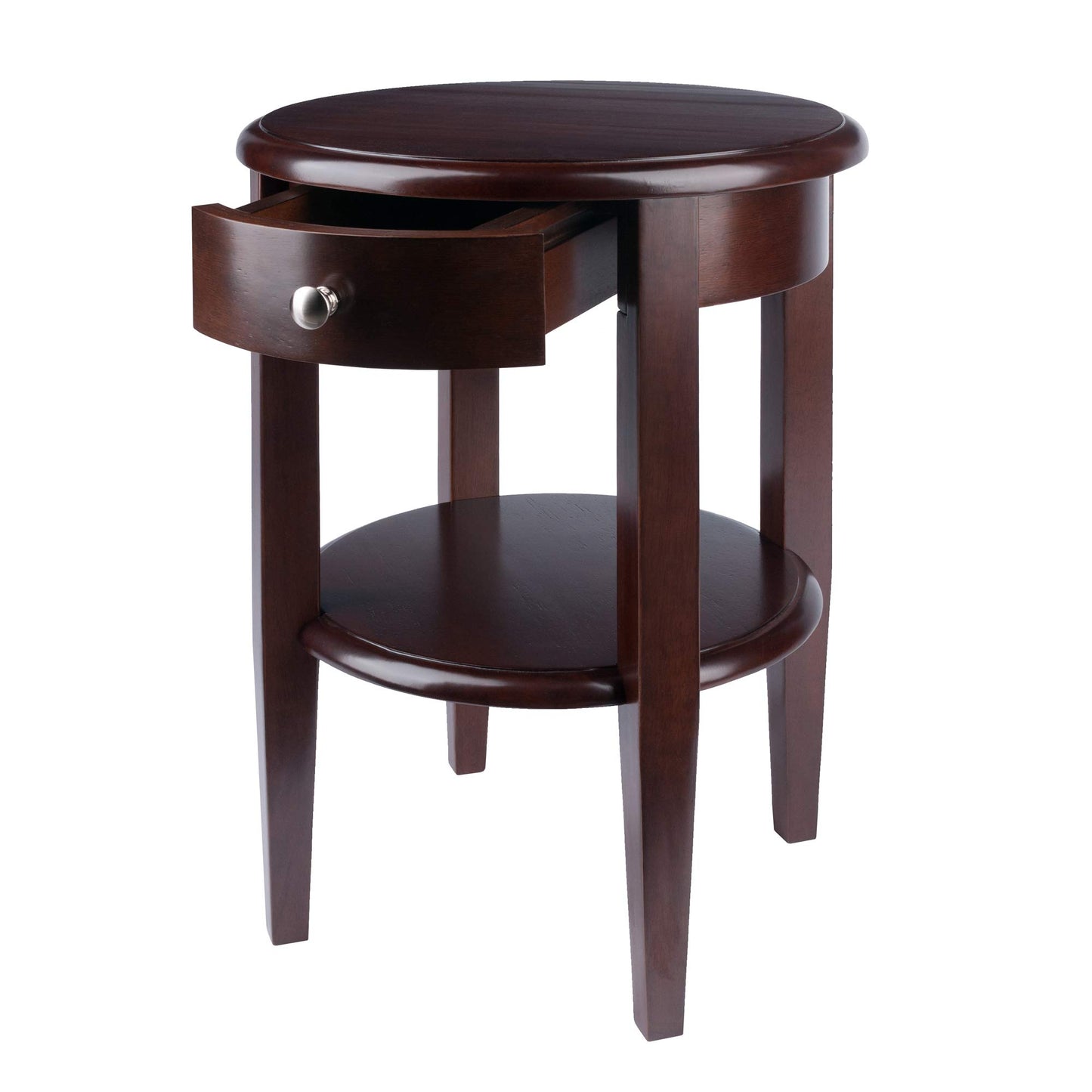 TABLE | Ergode  | Elegant Walnut Finish Round End Table | Drawer, Shelf & Tapered Legs | Convenient Storage & Display | 17.32 x 17.32 x 22.48 | 17.64 lbs. | casafoyer.myshopify.com