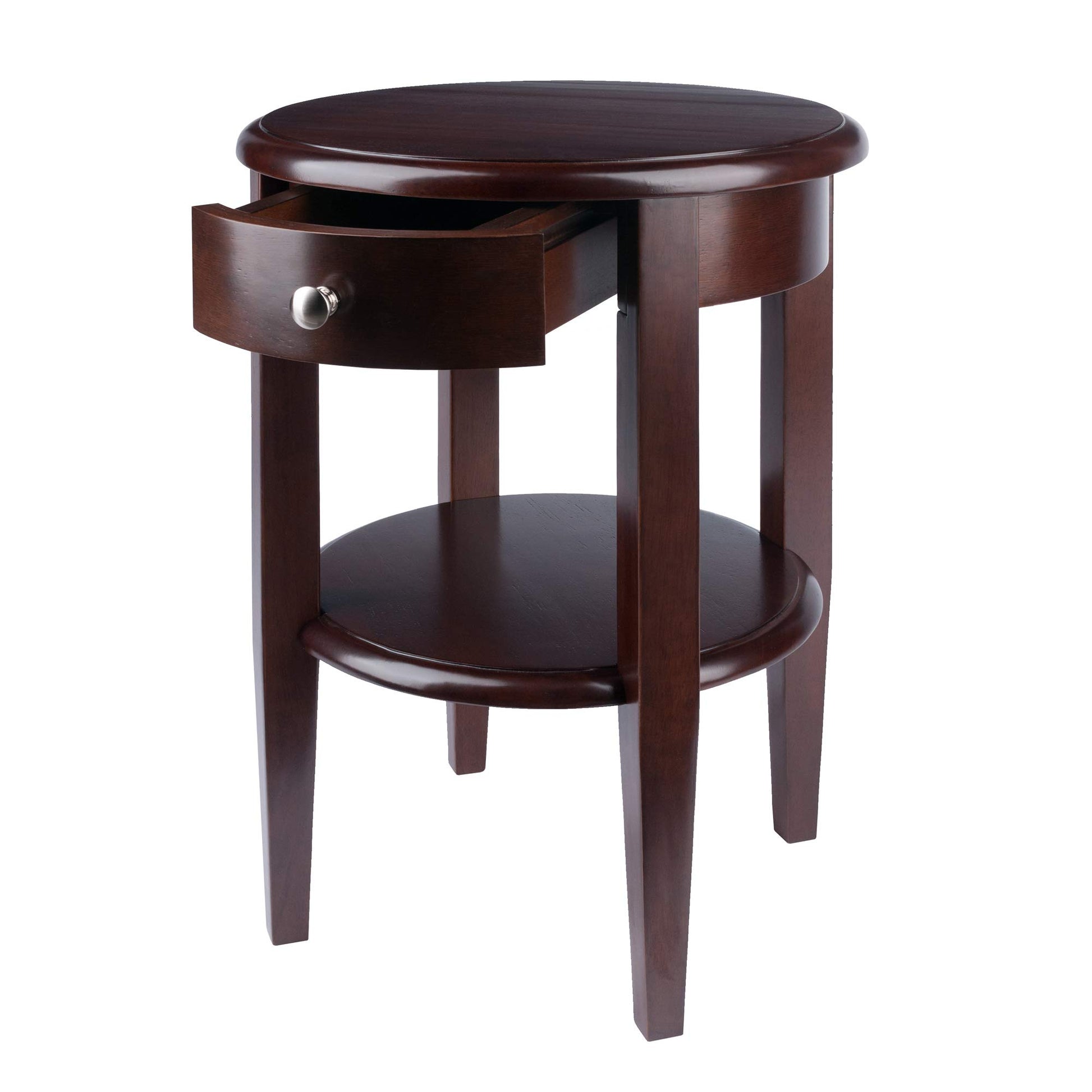 TABLE | Ergode  | Elegant Walnut Finish Round End Table | Drawer, Shelf & Tapered Legs | Convenient Storage & Display | 17.32 x 17.32 x 22.48 | 17.64 lbs. | casafoyer.myshopify.com