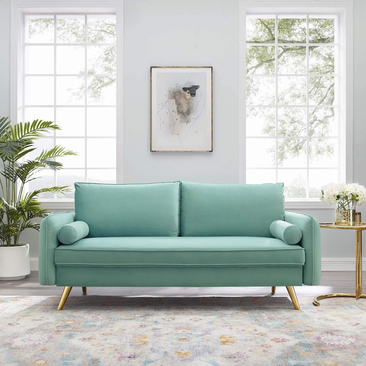 sofas | CasaFoyer Revive Upholstered Performance Velvet Sofa | Comfortable & Elegant Design | Stain-Resistant | Gold Legs | Mint | casafoyer.myshopify.com