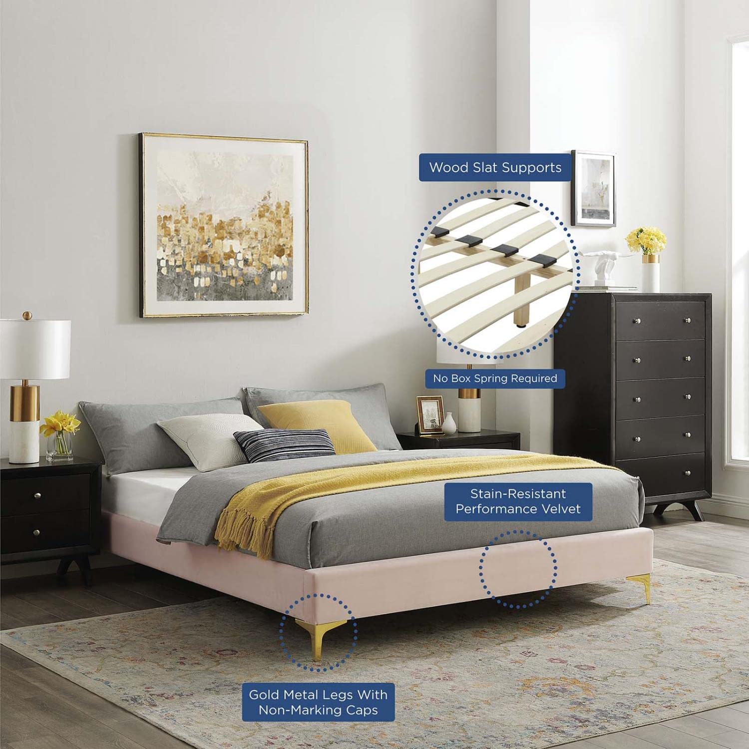 bed frames | CasaFoyer Sutton Performance Velvet Twin Bed Frame | Stain-Resistant | Durable | Gold Metal Legs | Non-Marking Foot Caps | Easy Assembly | Twin Size | 800 lbs Weight Capacity | casafoyer.myshopify.com