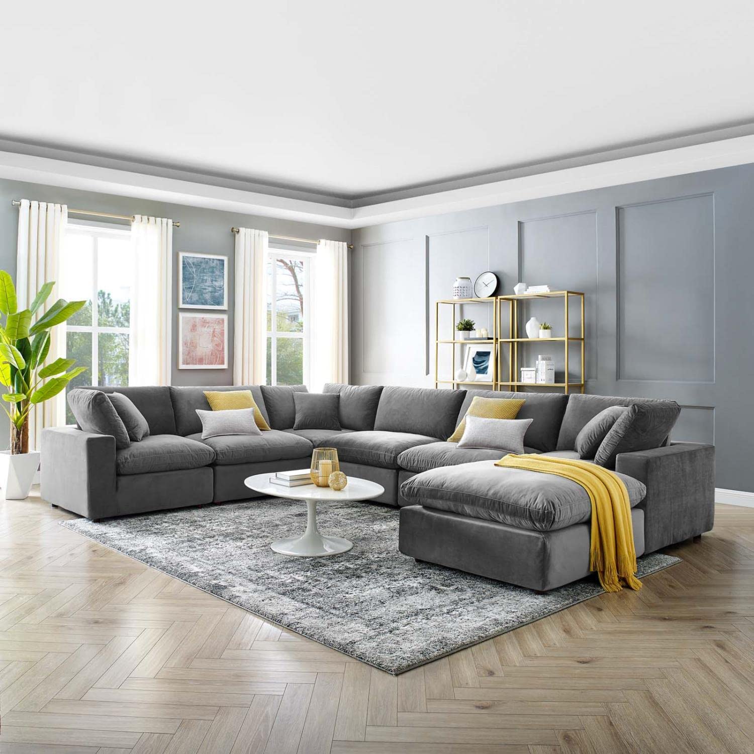 sofas | CasaFoyer Commix Cozy Sectional Sofa Set | Modern Elegance | Stain-Resistant Velvet | Overstuffed Cushions | Solid Wood Construction | 7-Piece Gray Set | casafoyer.myshopify.com