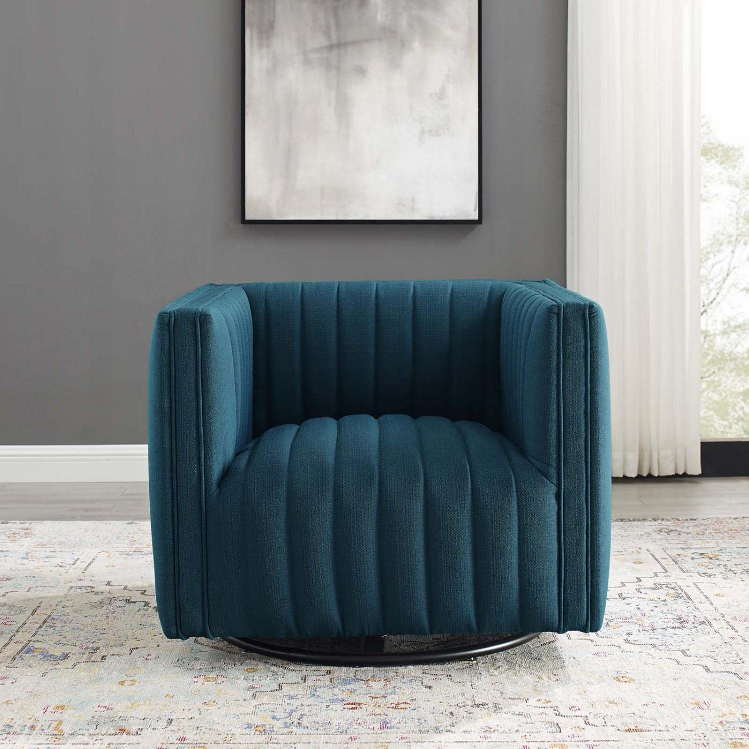home office desk chairs | CasaFoyer Conjure Channel Tufted Fabric Swivel Armchair | Luxurious & Elegant | Retro Modern Style | Comfortable Seating | Rotating Base | Supports up to 441 lbs | Fully Assembled | Azure | casafoyer.myshopify.com