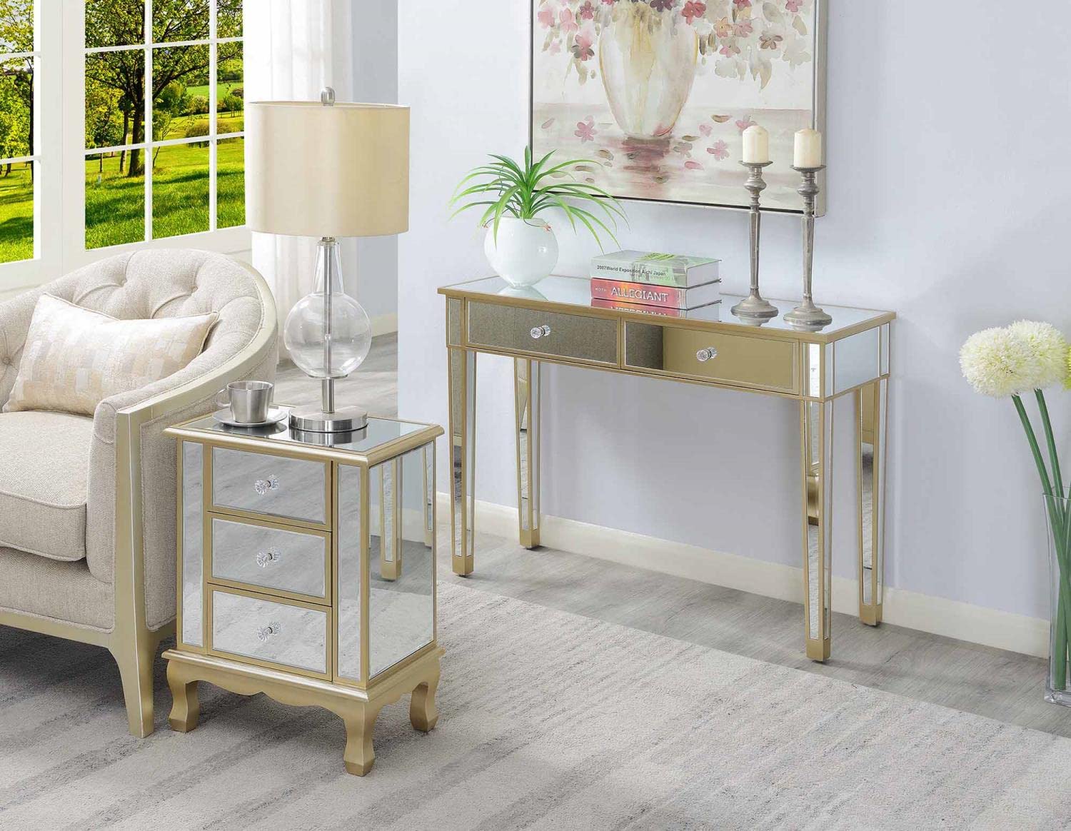 TABLE | Ergode Gold Coast Vineyard Mirrored 3 Drawer End Table | Elegant Charm, Faux Crystal Knobs, Ample Storage, Timeless & Contemporary Design | casafoyer.myshopify.com