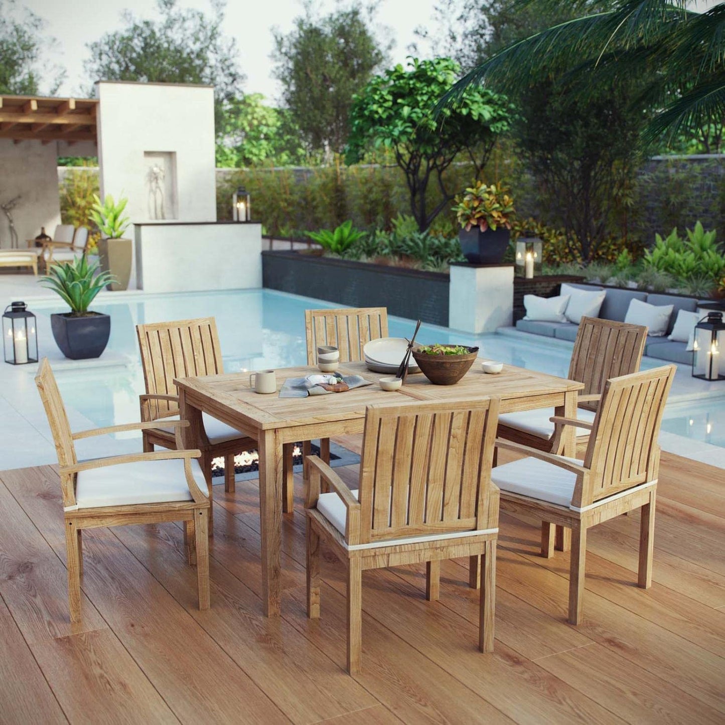 kitchen and dining room sets | CasaFoyer Stunning Teak Wood Outdoor Set | Marina Collection | All-Weather Cushions | 7 Piece Dining Set | Assembly Required | Natural White | casafoyer.myshopify.com